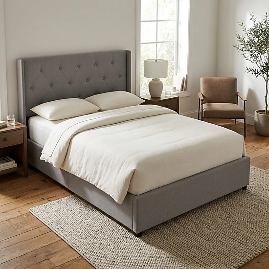 SUGIFT Queen Lift-Up Storage Bed, Gray Linen Upholstered Platform with Tufted Wingback Headboard