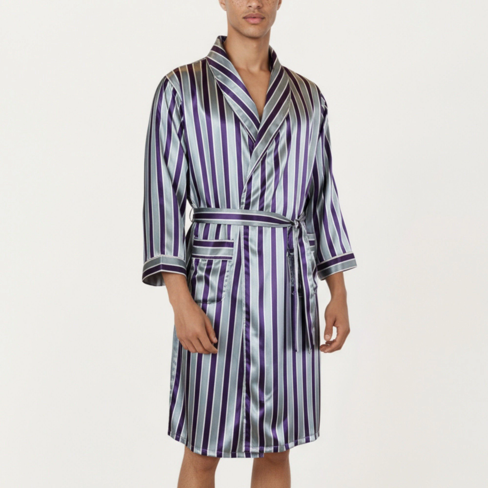 Anna-Kaci Men's Satin Robe with Shawl Collar Waist Tie and Front Pockets