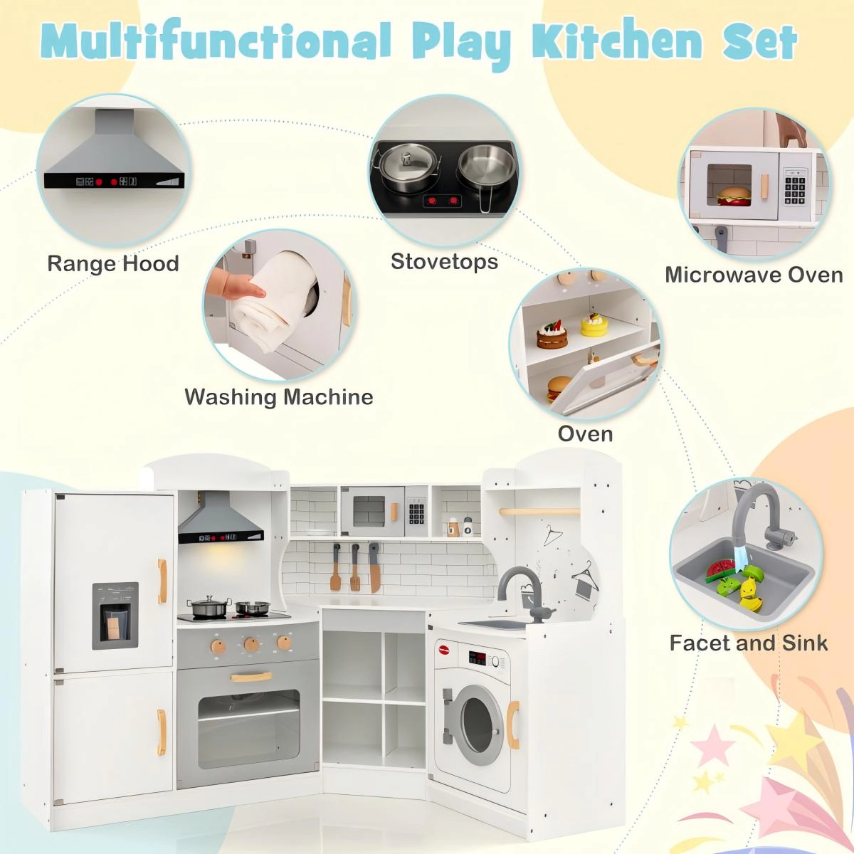 SUGIFT White Washing Machine Ice Maker and Towel Rack Corner Kids Play Kitchen