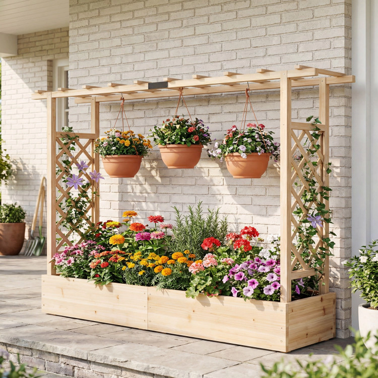Hivvago 45 Inch Tall Wooden Raised Garden Bed with Side Trellis and Hanging Roof Drainage Holes