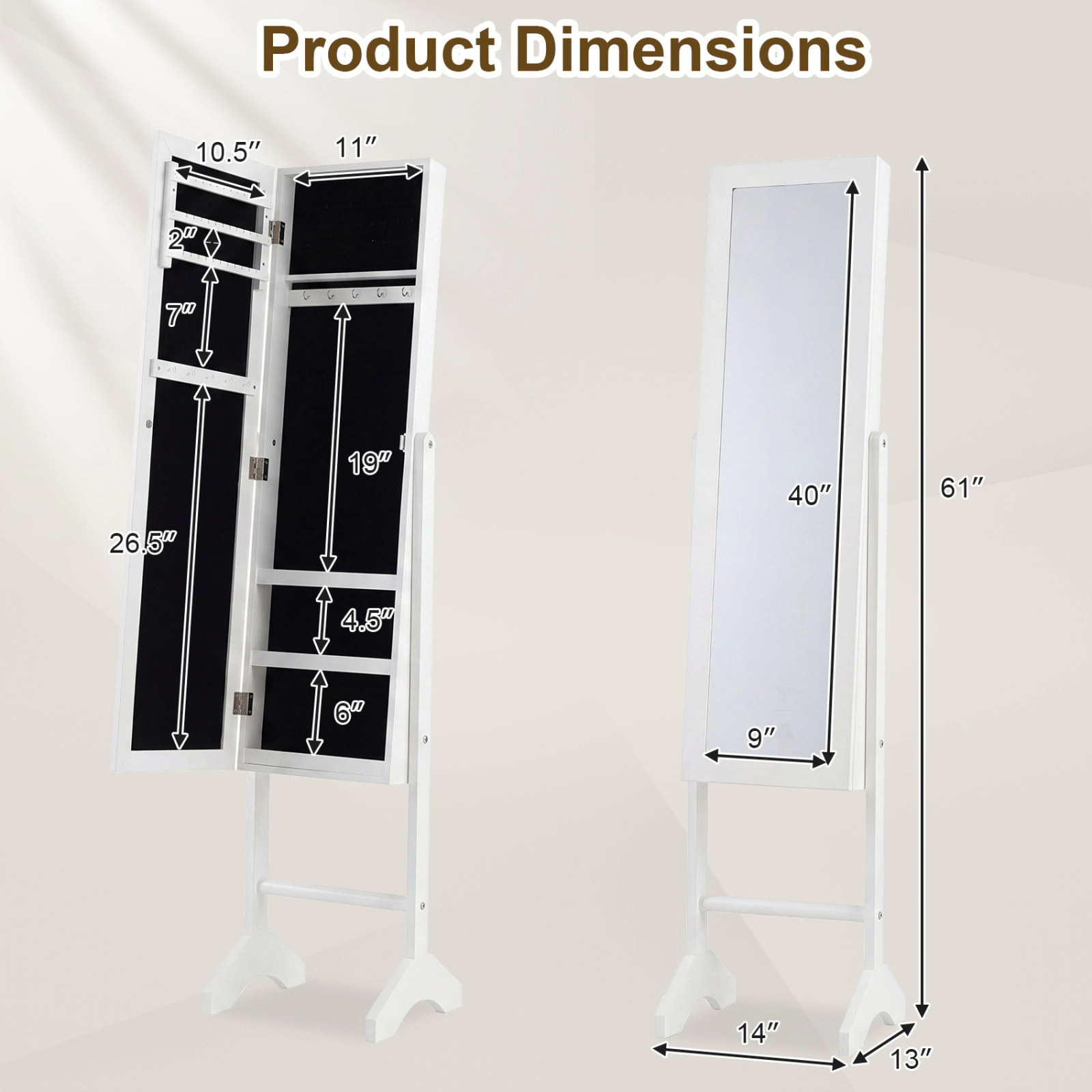 SUGIFT White Freestanding Jewelry Armoire with Full-Length Mirror Velvet Lined Cabinet and Magnetic Catch