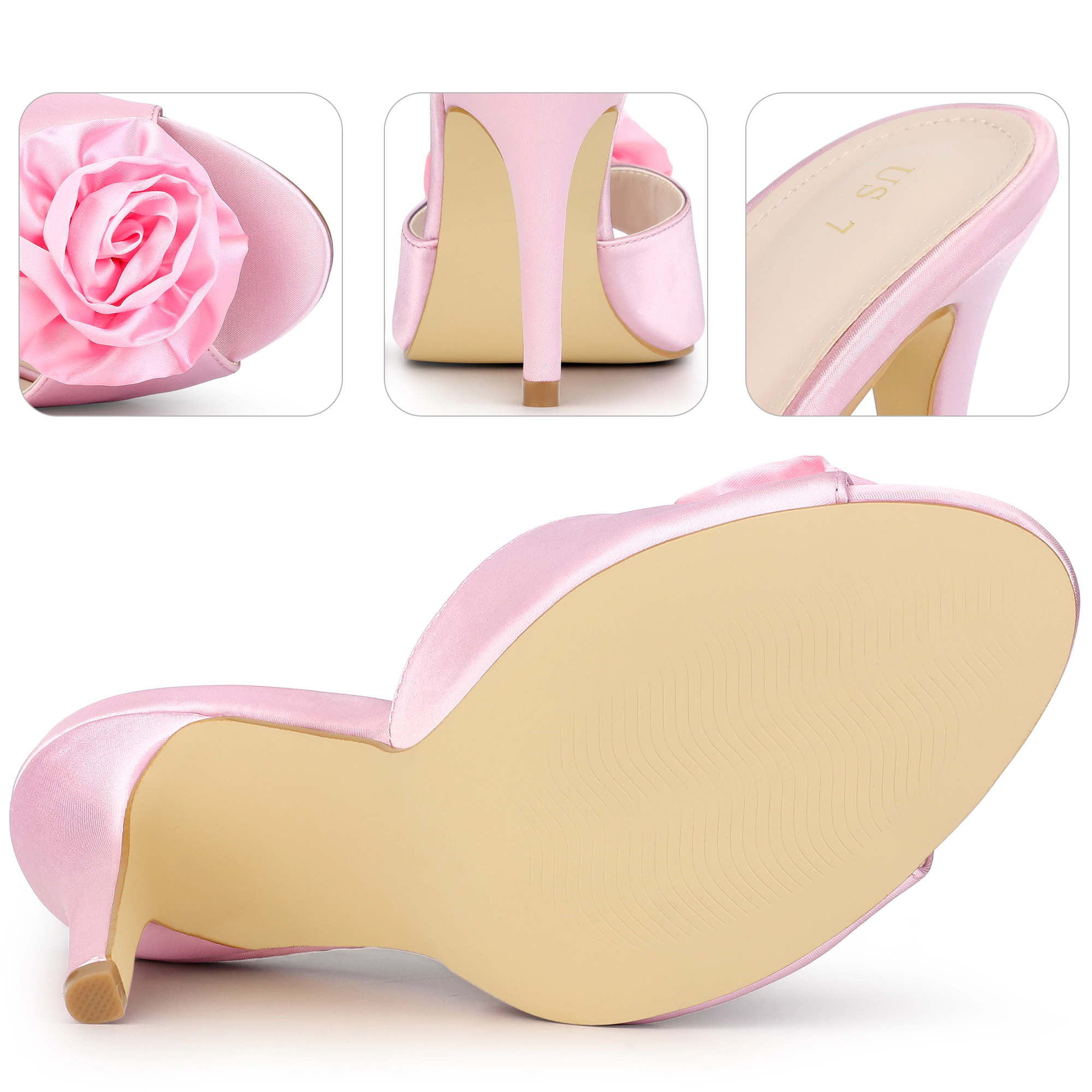 BLISSFUL STEP Women's Floral Satin Open Toe Stiletto Heel Dress Slide Sandals