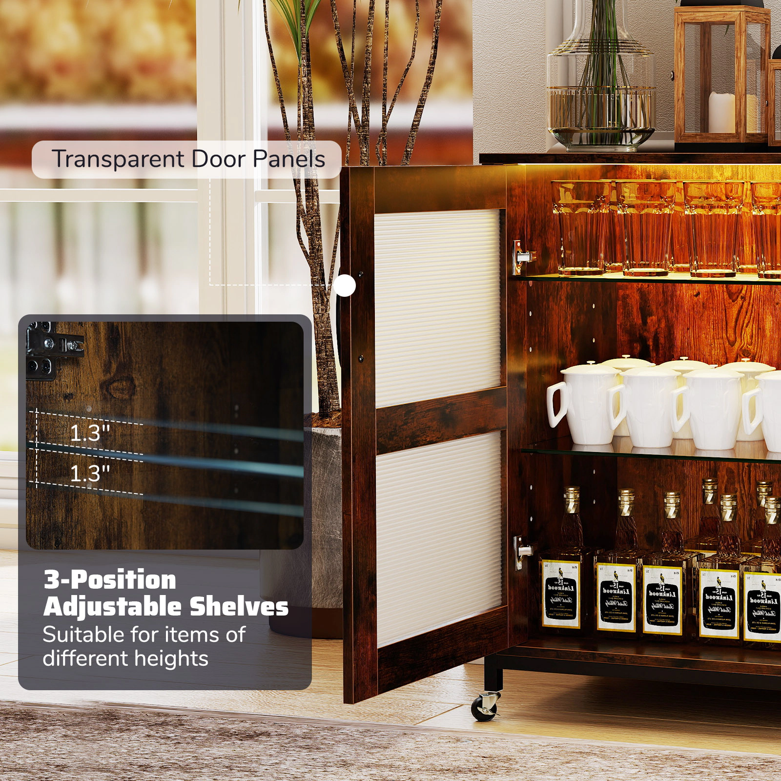 LJG Wine Bar Cabinet with LED Light and Adjustable