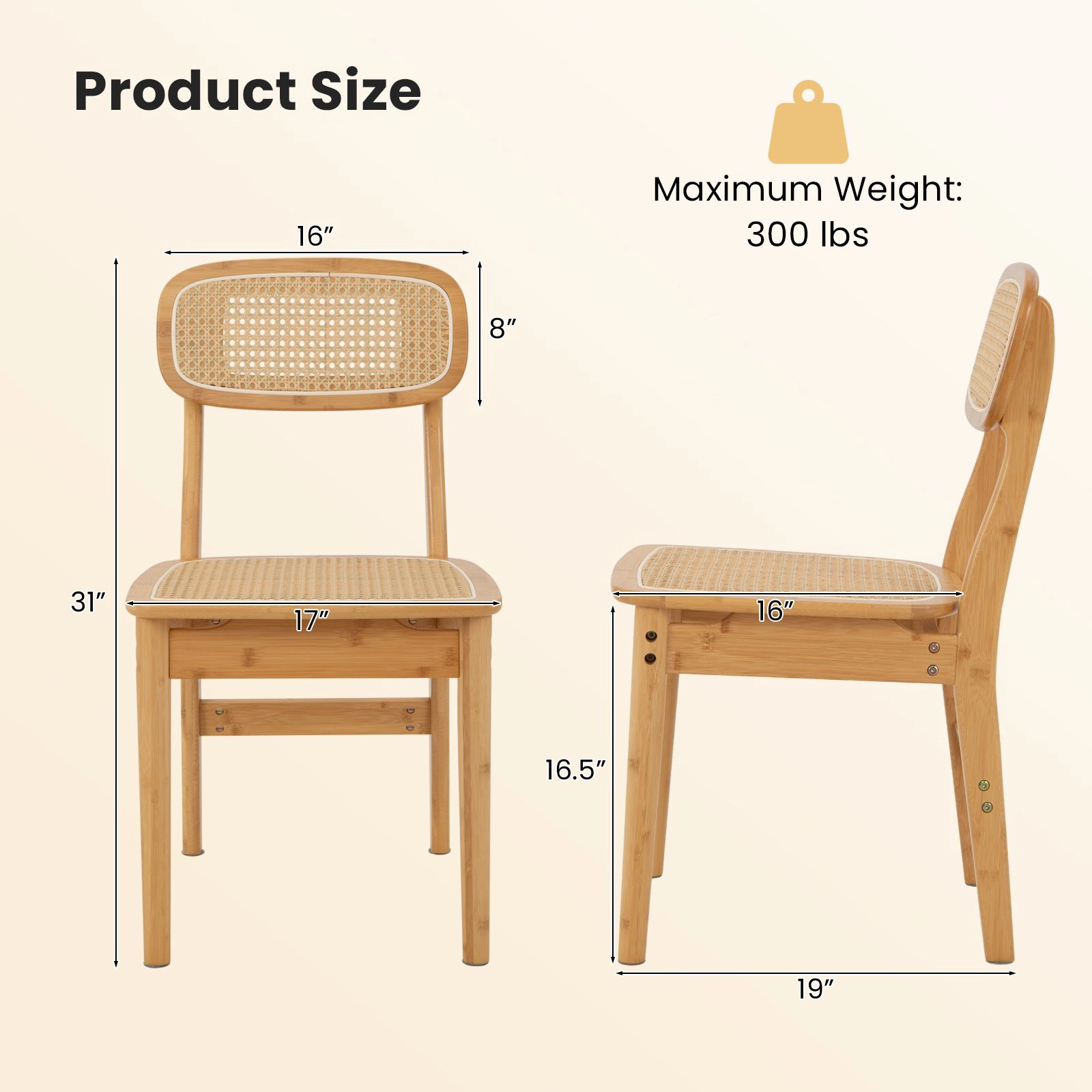 SlickBlue Rattan Dining Chairs Wicker Frame Kitchen Chairs Set of 2