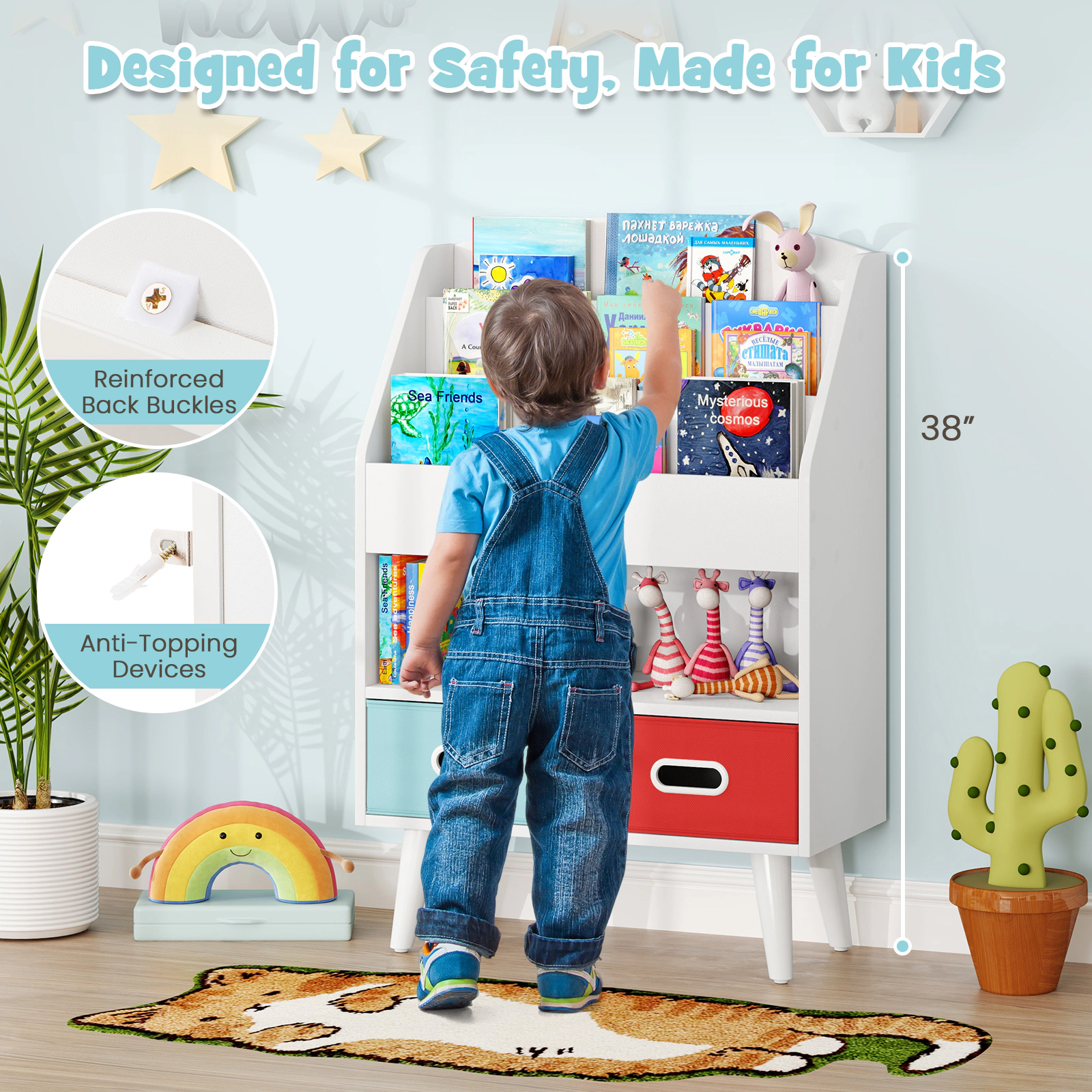 SUGIFT White 220-lb Capacity 3-Tier Kids Bookshelf with Open Compartment and 2 Foldable Fabric Drawers