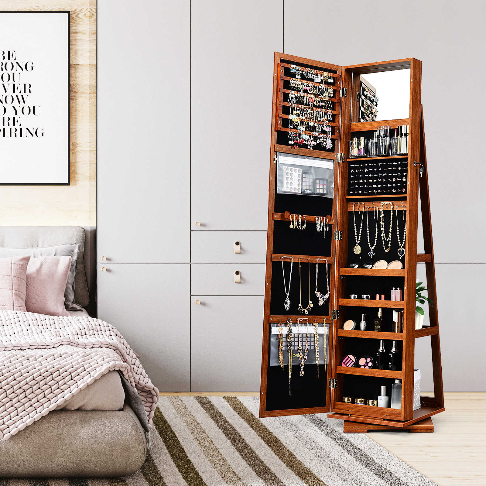 SUGIFT 360° Rotatable 2-in-1 Lockable Jewelry Cabinet with Full-Length 57-in Mirror Brown