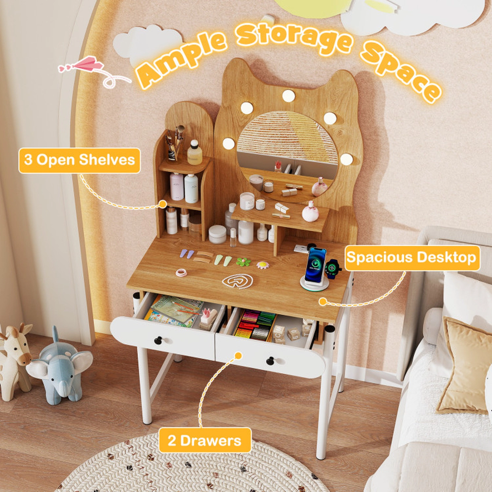 SUGIFT Small Vanity Desk with Round Lighted Mirror Kitty Design Metal Stand and Power Outlets for Teens