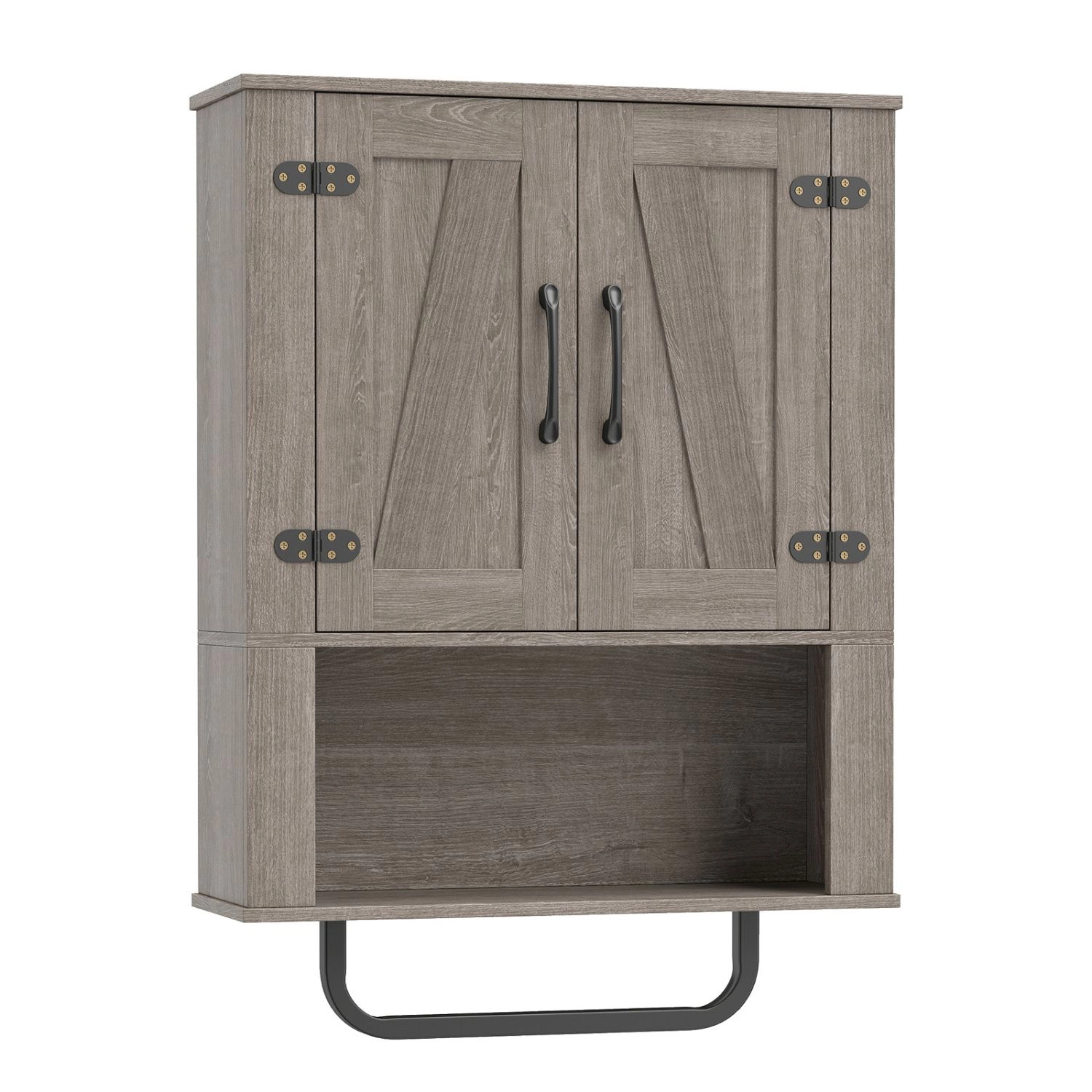 SlickBlue Bathroom Wall Cabinet with Doors, Open Shelf and Towel Rod