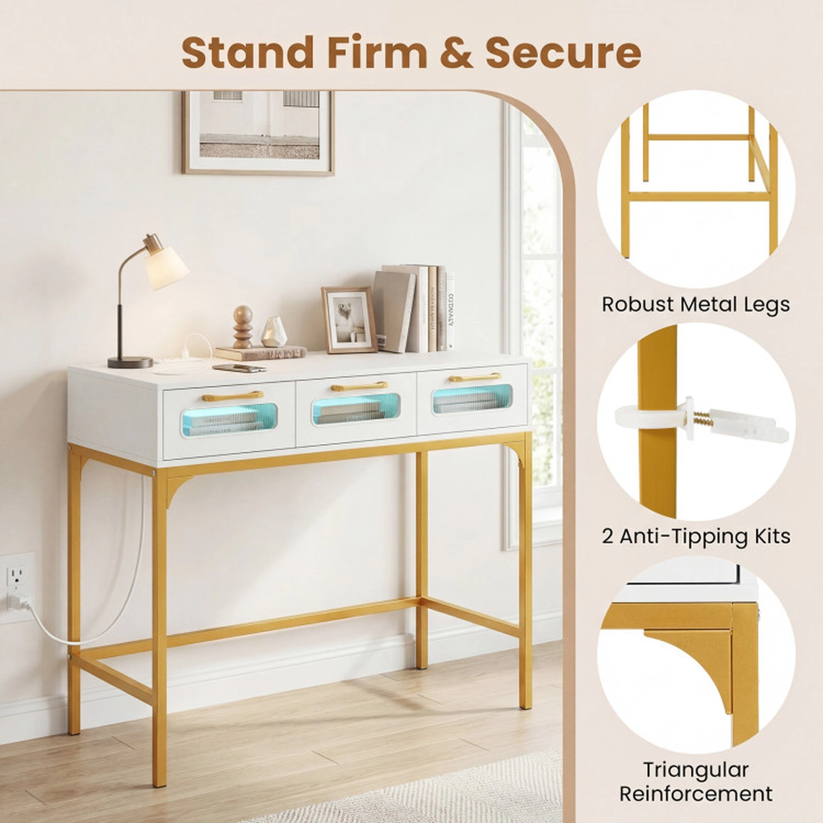 SUGIFT 3 Drawers LED Light Charging Station Gold Frame Console Table 35.5-in x 16-in x 29.5-in 100-lb Capacity White