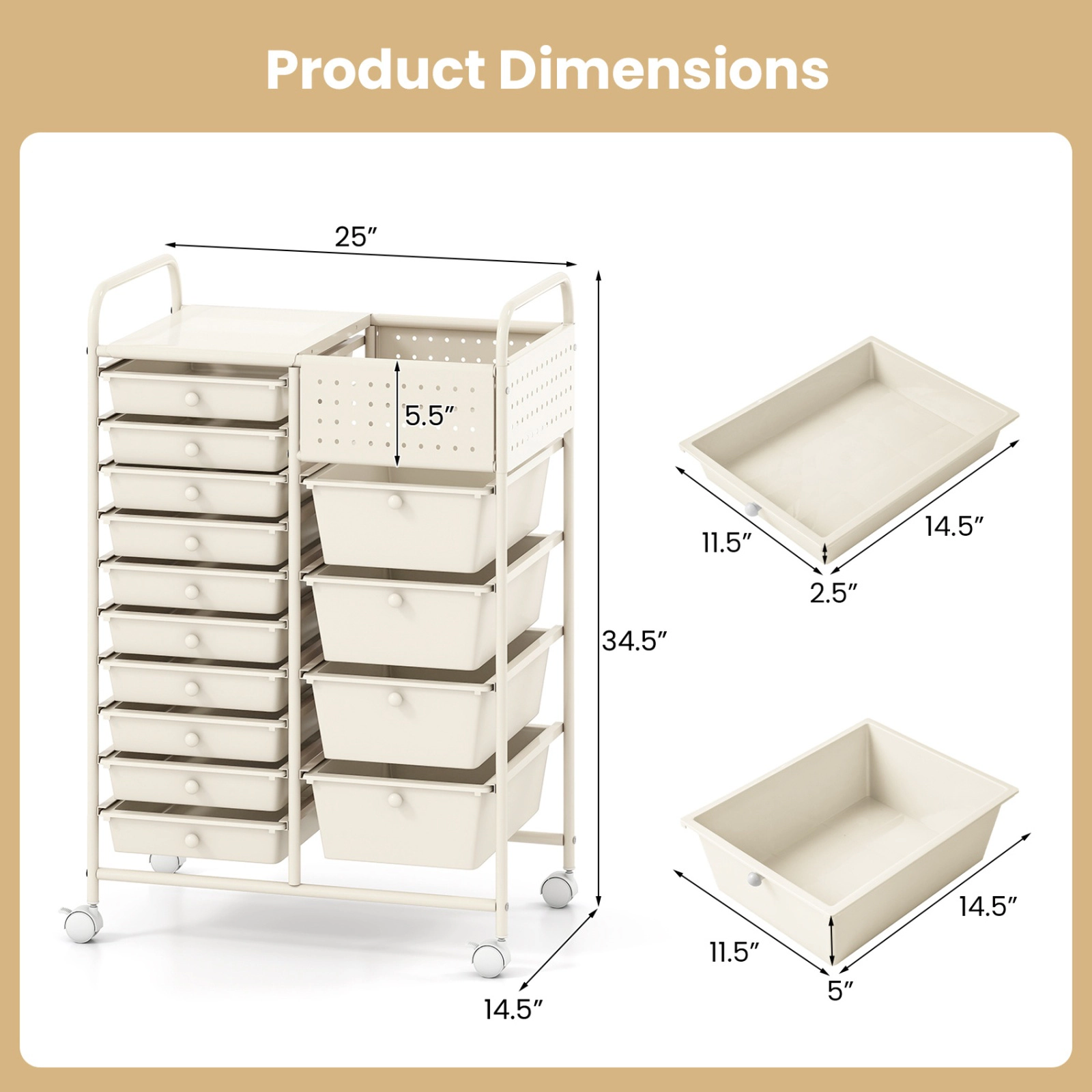 SUGIFT 14-Drawer Rolling Storage Cart with Metal Tabletop and Pegboard 34.5-in Tall White