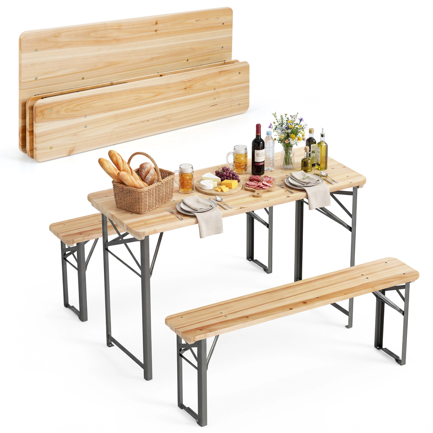 LJG 3-Piece Folding Picnic Table with Benches Fir Wood Portable Bear Camping SET
