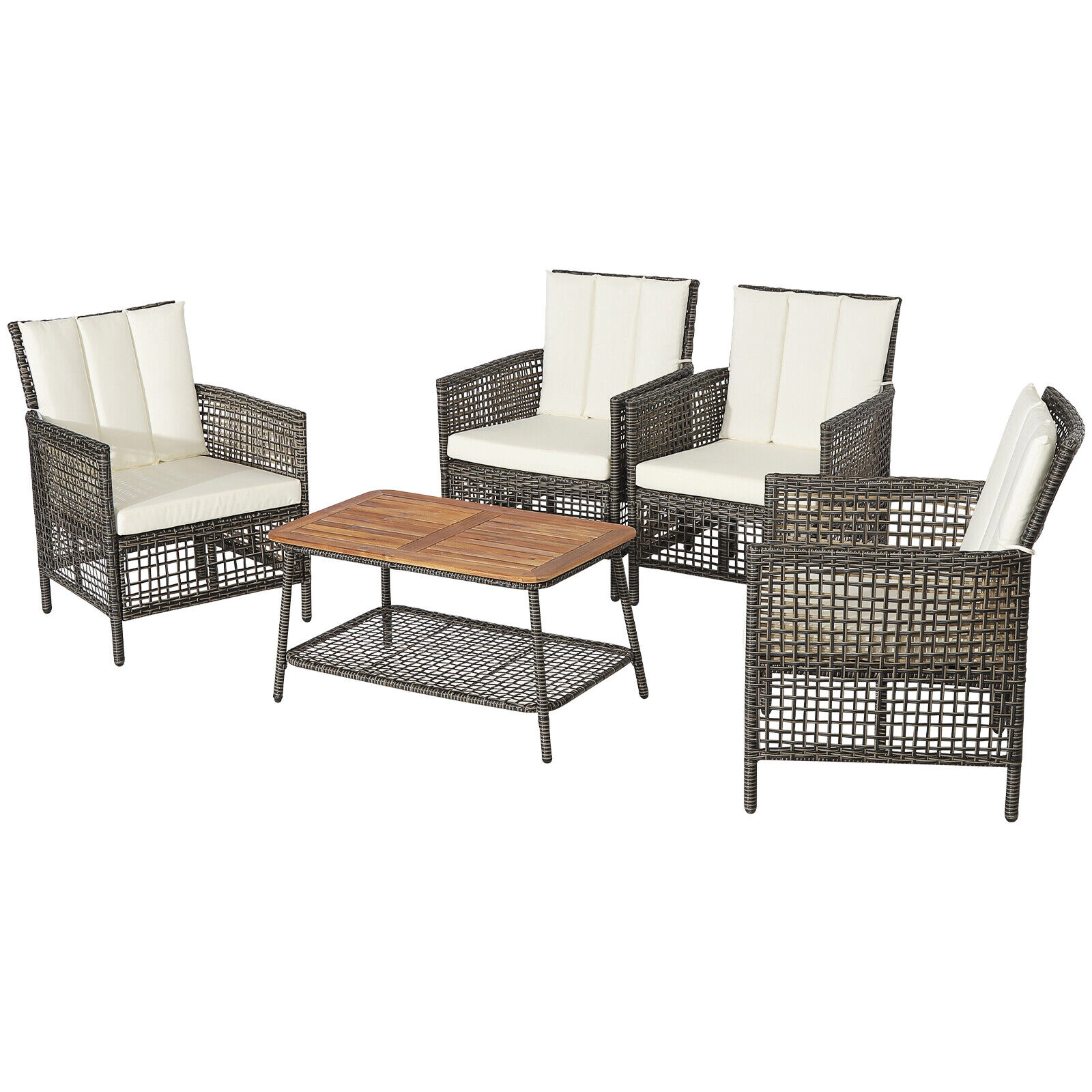 LJG 5 Pieces Patio Rattan Furniture Set Cushioned Sofa Armrest Wooden Tabletop