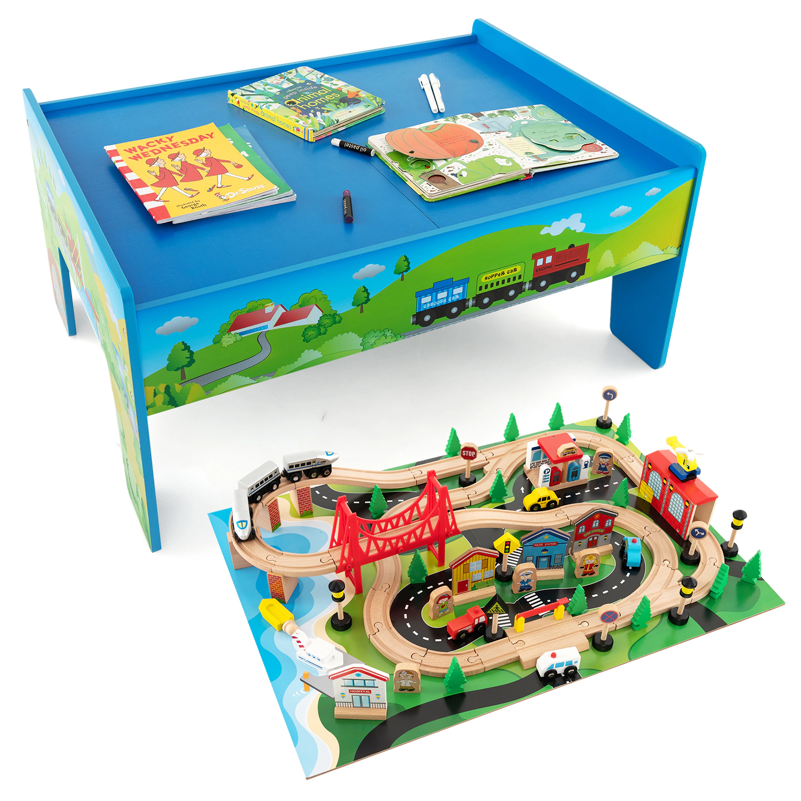 SUGIFT 80-Piece Wooden Train Set and Table 16-in Tall Ages 18M+ Multi-color