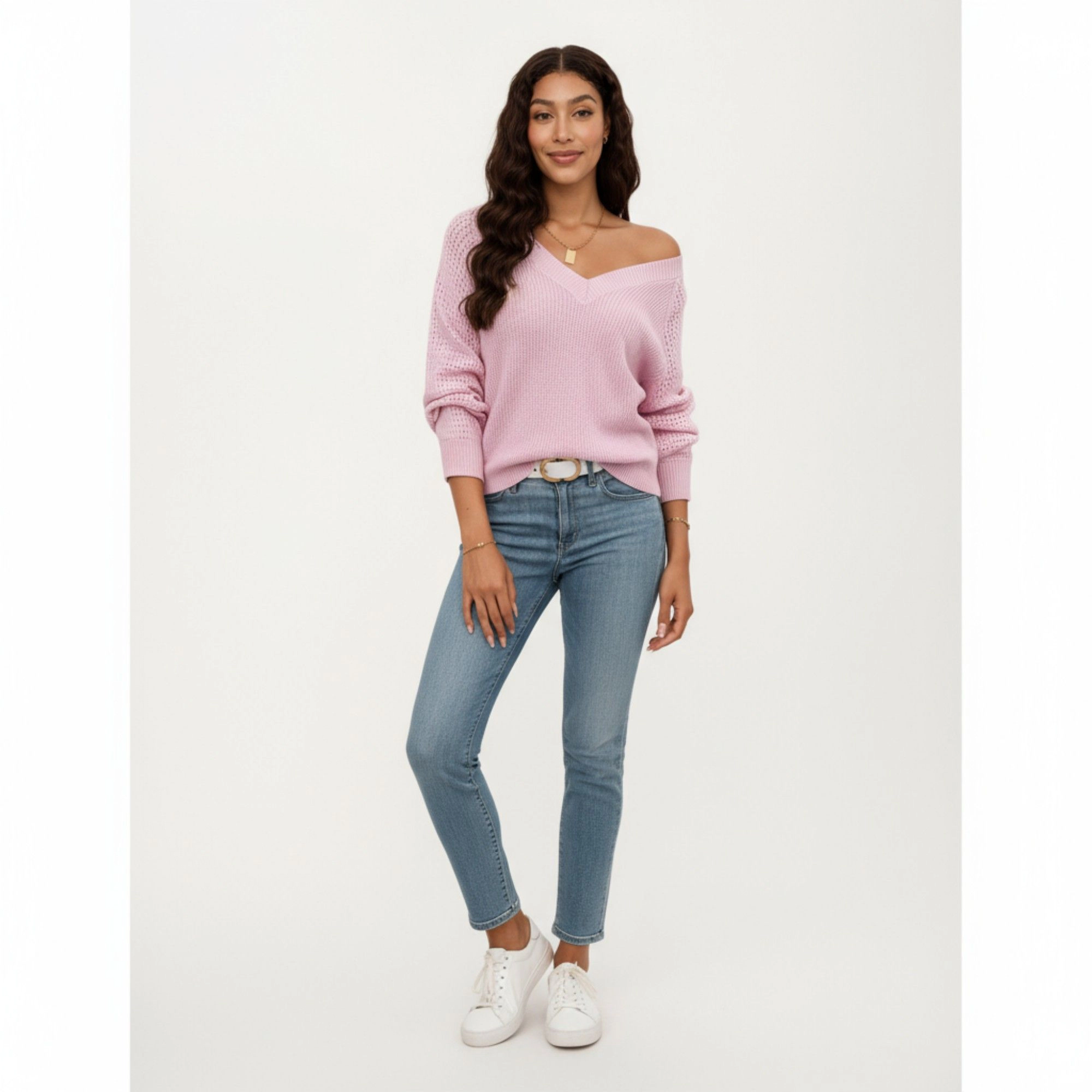 Anna-Kaci Women's Pointelle Sleeve Off Shoulder Relaxed Fit Knit Sweater
