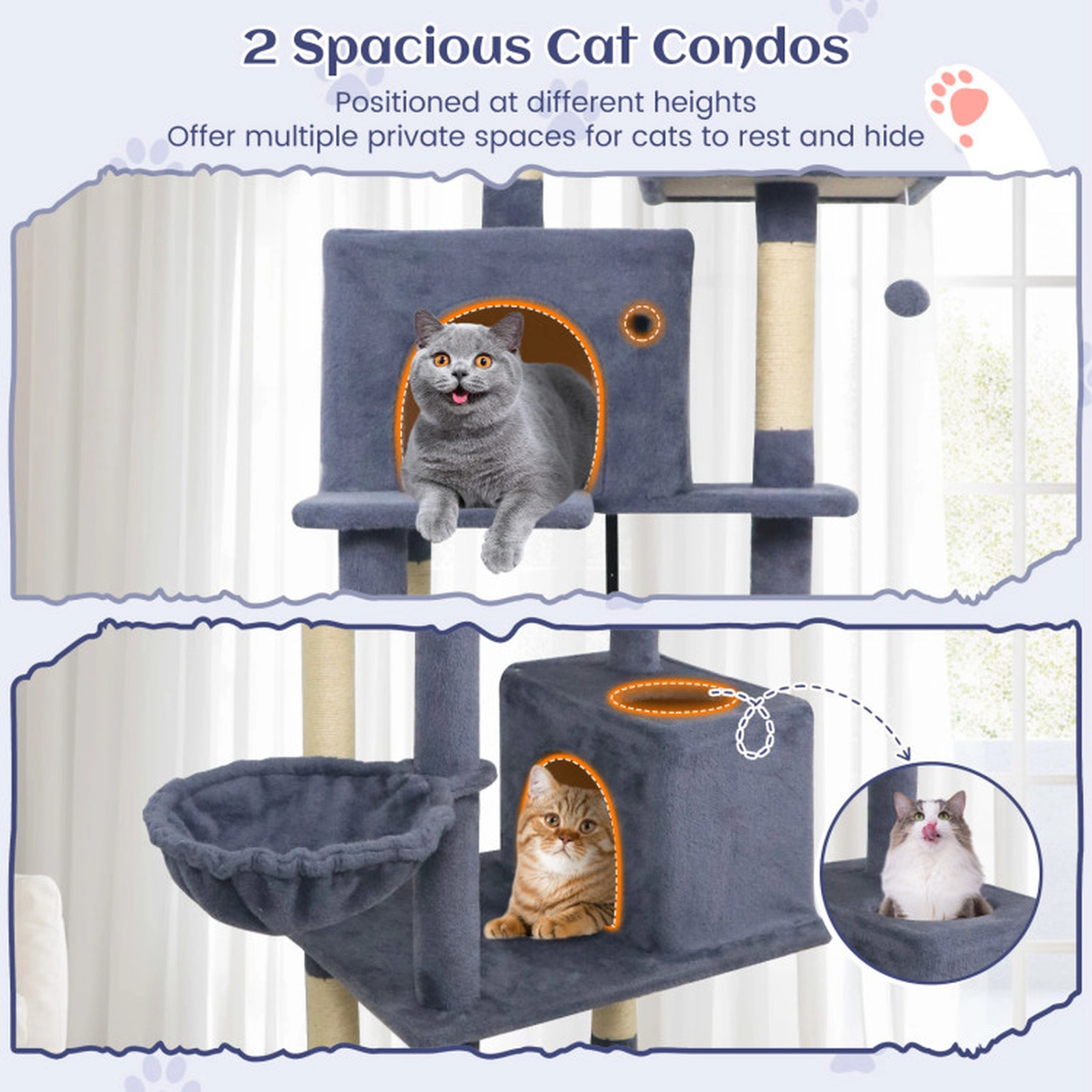 SUGIFT 80-in Tall Multi-Level Cat Tree 2 Large Condos, Hammock, Basket & Dangling Toys 33-lb Capacity per Layer Dark