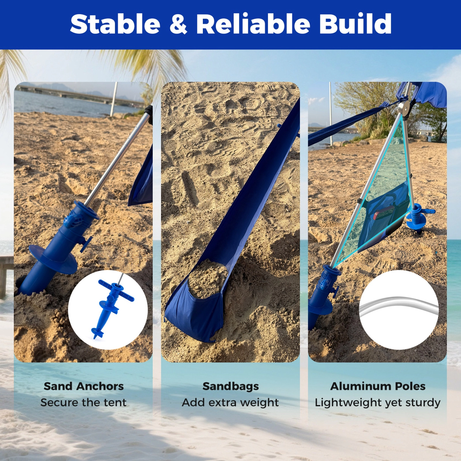 SUGIFT Navy Wind Powered Beach Sun Shelter Canopy with Aluminum Pole and 4 Sand Anchors 10-ft W 6.5-ft D 6.5-ft H