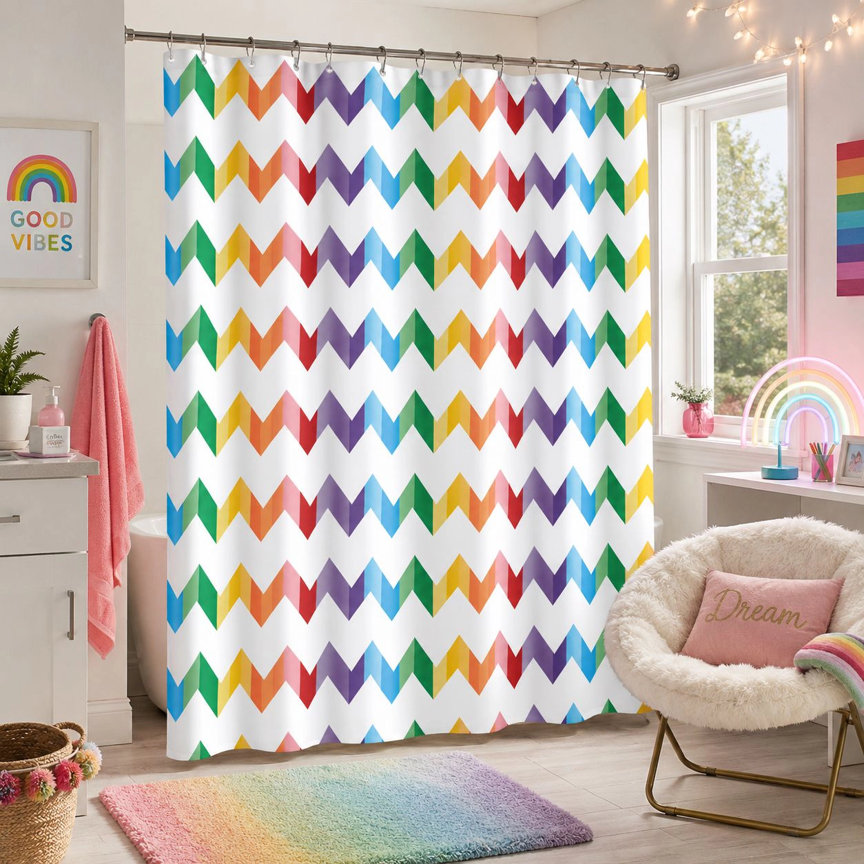 Kate Aurora Home Vivid Rainbow Chevron Fabric Shower Curtain
