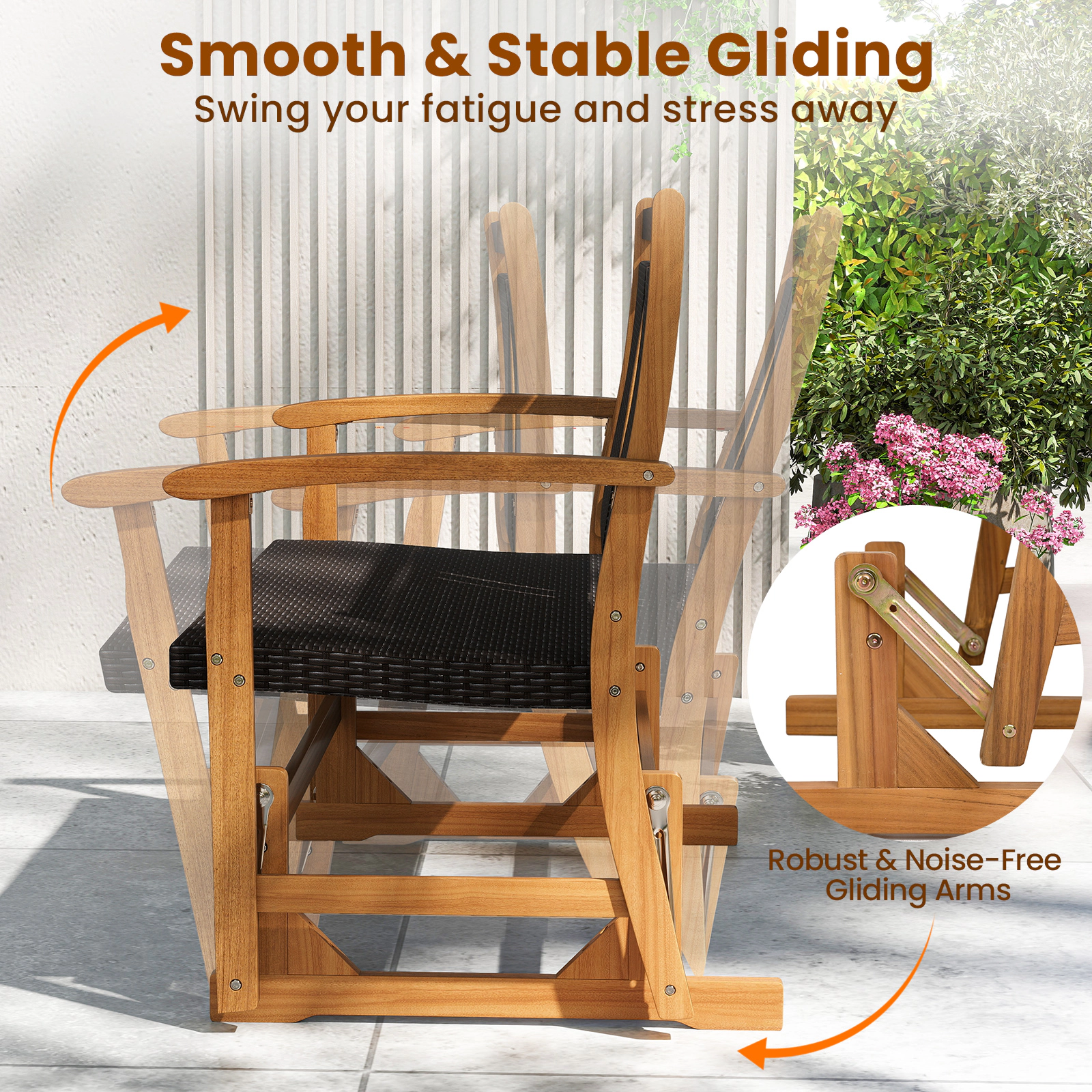 SUGIFT Acacia Wood Frame and Woven Wicker Seat Patio Rattan Glider Chair