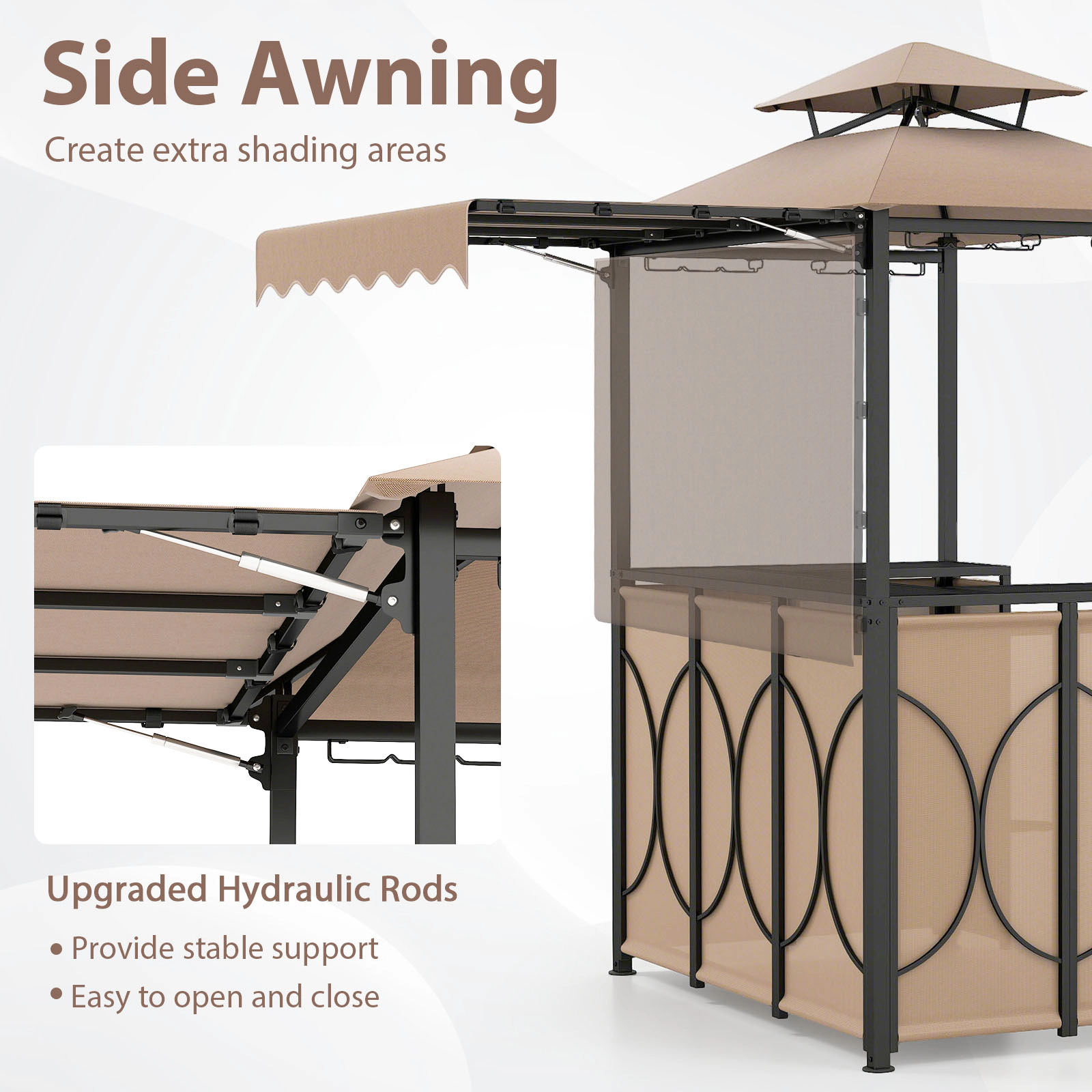 SUGIFT Grill Gazebo Coffee 3-Piece BBQ Canopy with Awning Bar Table and 2 Chairs