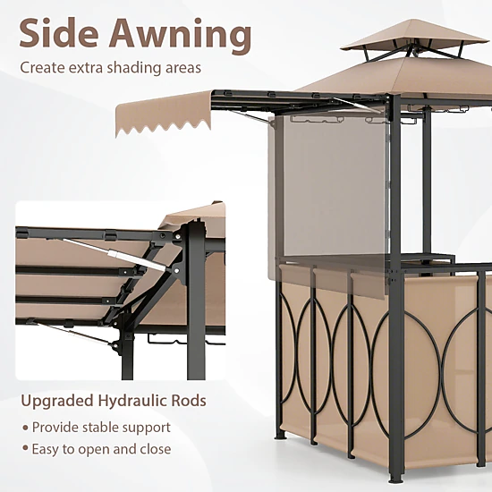 SUGIFT Coffee 3-Piece Grill Gazebo Canopy with Side Awning Bar Table and 2 Chairs 6.3-ft W 8-ft H