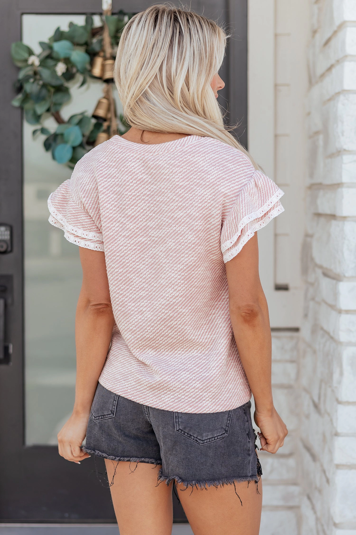 Threaded Pear Women's Amanda Ruffled Short Sleeve Blouse