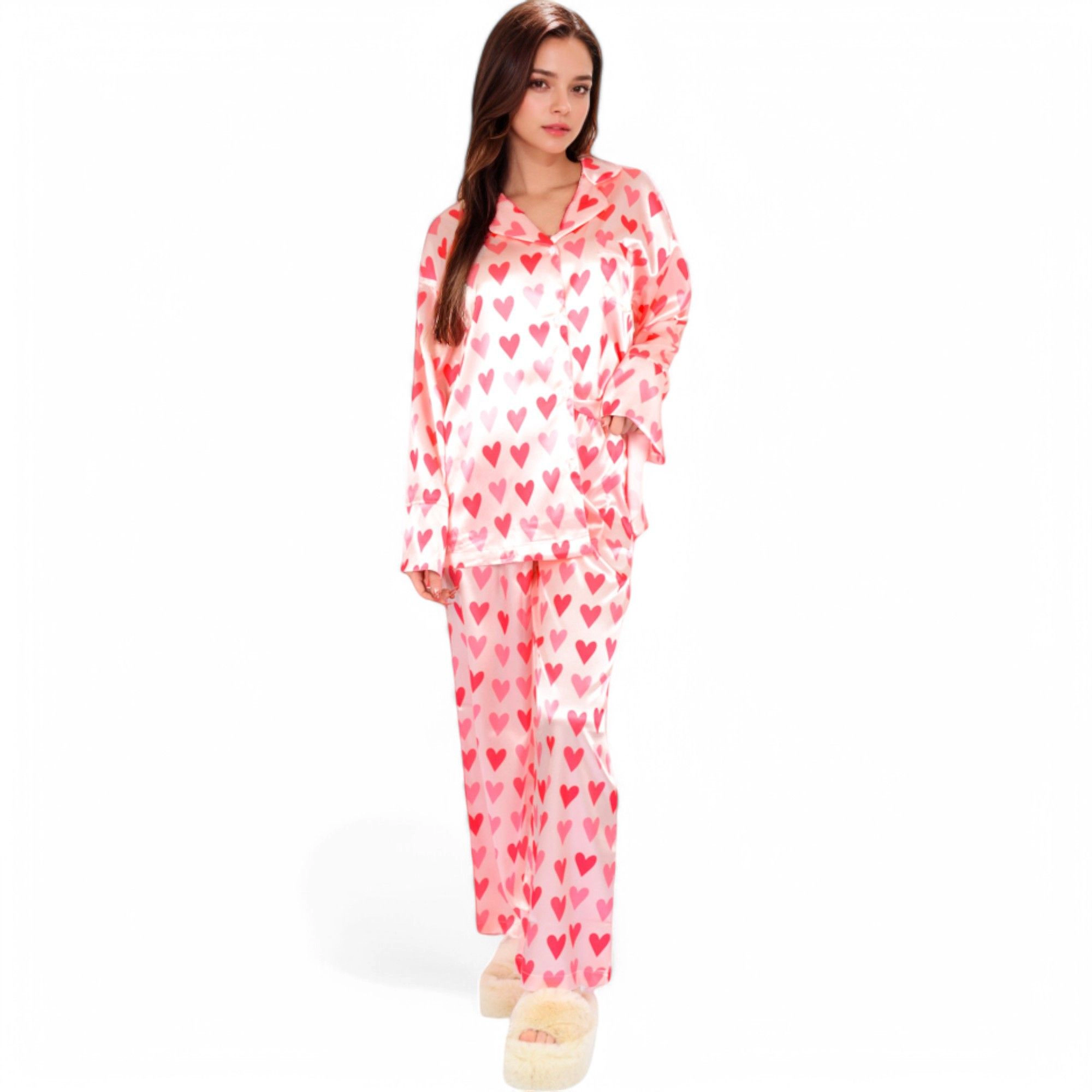Anna-Kaci Women's Heart Print Valentine Pajama Set with Button Up Long Sleeve Top and Relaxed Fit Pants