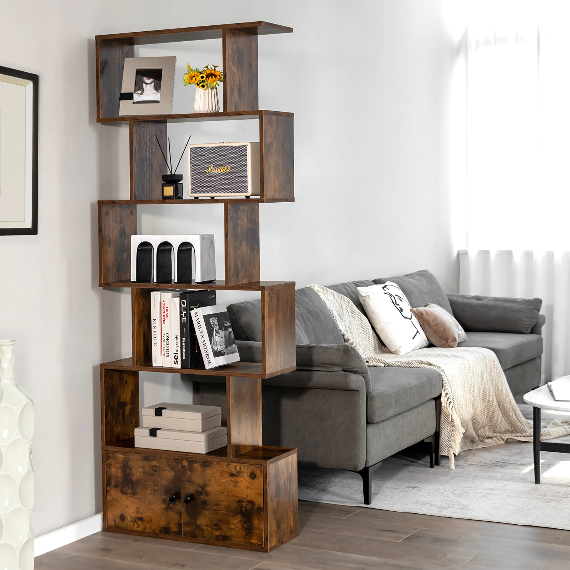 Costway Bookshelf with Cabinet 6-Tier S-Shaped Bookcase Storage Rack White
