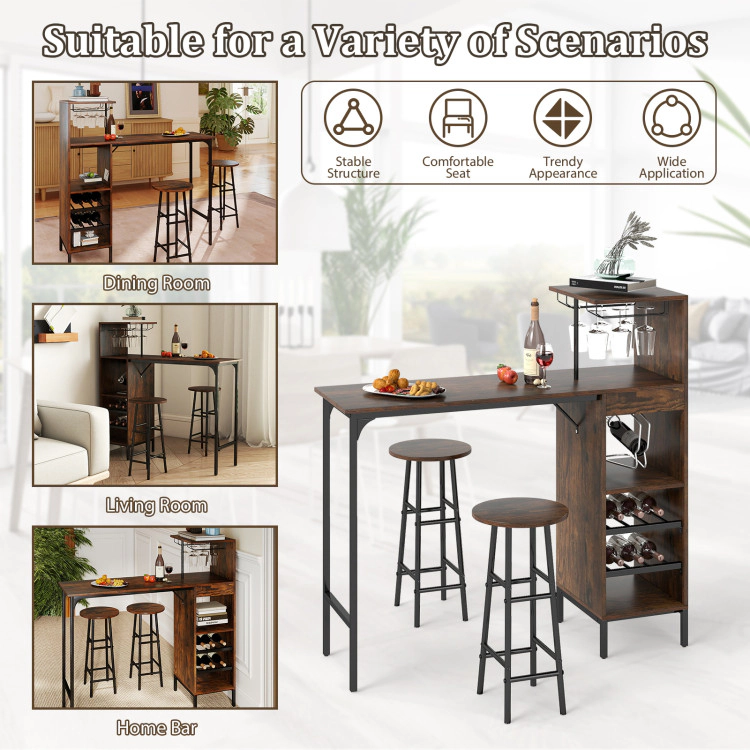 Hivvago 3 Piece Bar Table And Chairs Set With 6-Bottle Wine Rack