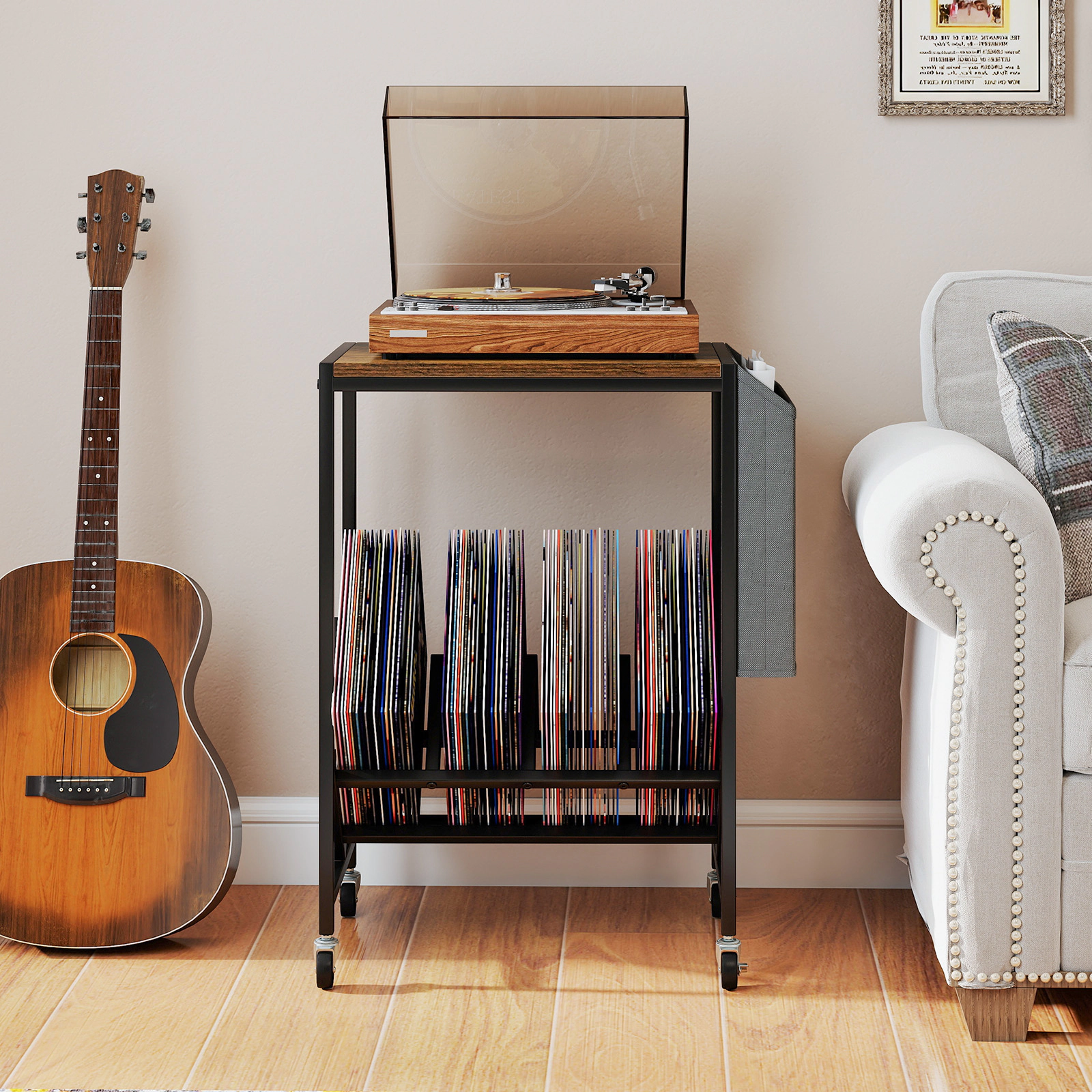 SUGIFT Rolling Record Player Stand 2-Tier Accent Table Vinyl Storage & Magazine Holder 55-lb Tabletop Capacity Rustic