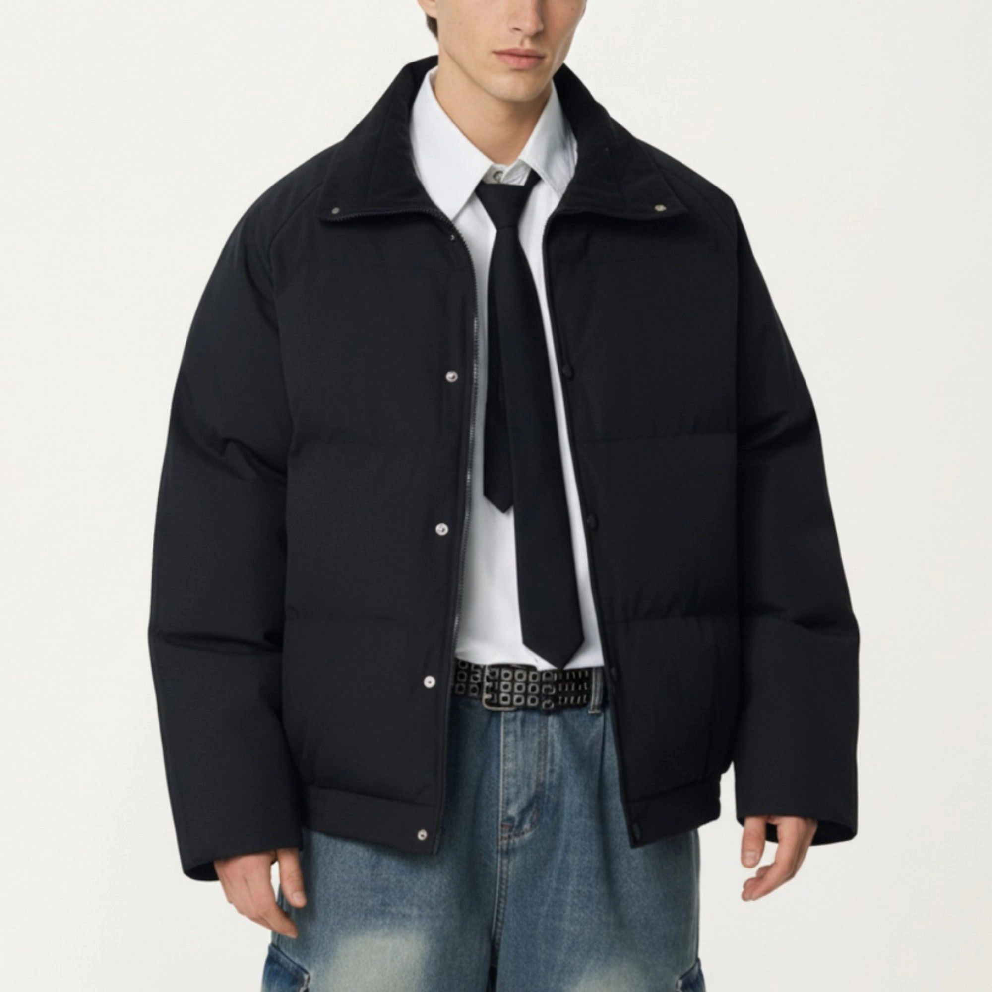 Anna-Kaci Men's Quilted Puffer Jacket with Stand Collar Snap Front and Ribbed Hem