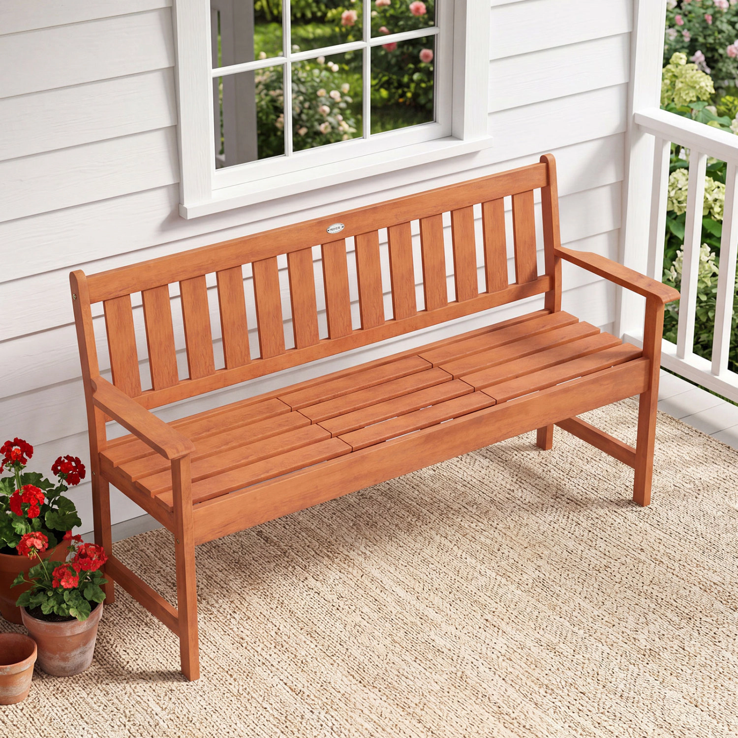 LJG 59" Outdoor Wood Garden Bench with Pull-Out Center Table