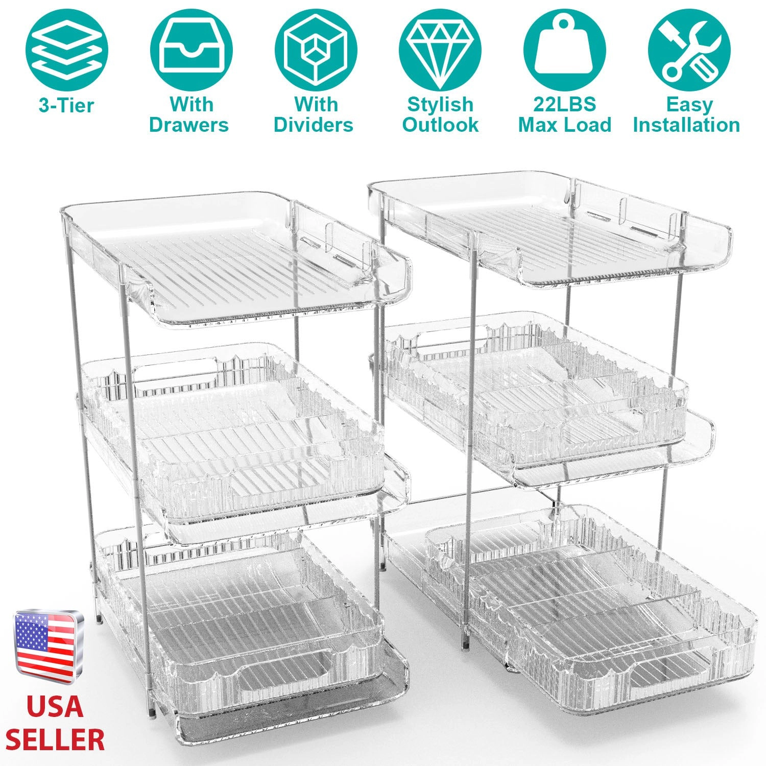 GBruno 2-Pack 3-Tier Clear Organizer With Drawers