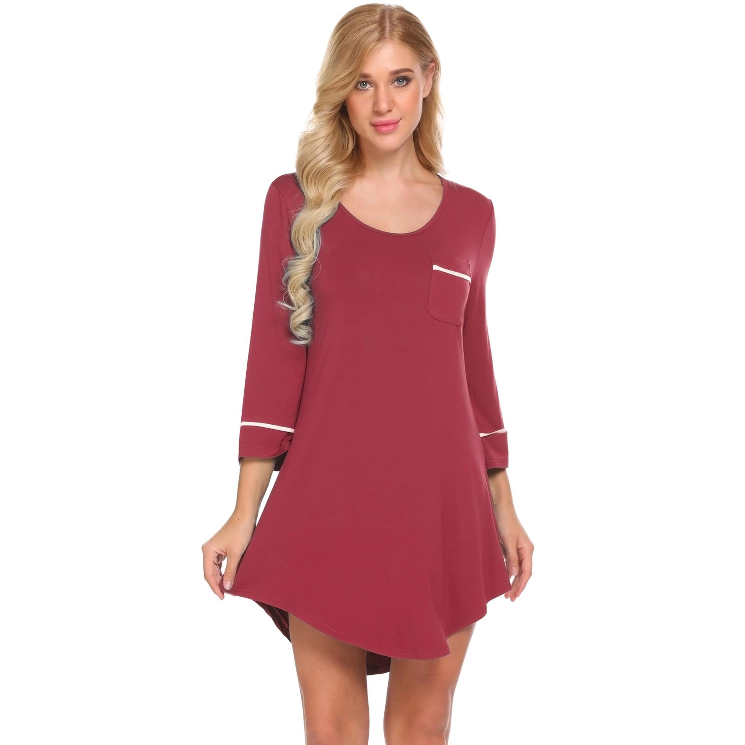 Ekouaer Women Nightgown Night Dress Three Quarter Sleeve Night Shirt Sleepshirt with Chest Pocket