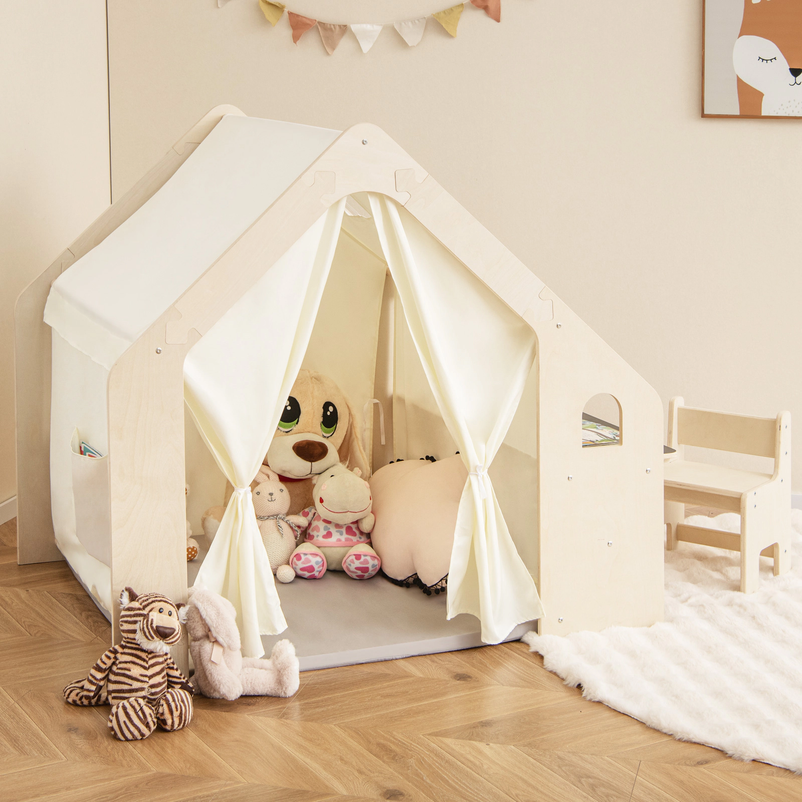Toddler Play Tent Indoor Playhouse with Table Chair Chalkboard and Storage Bin 52-in x 38-in x 45-in Beige
