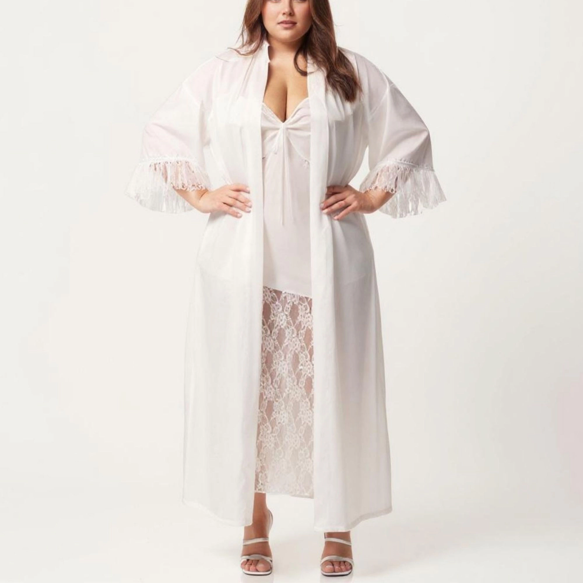 Anna-Kaci Women's Plus Long Sheer Lace Panel Robe Open Front Lightweight Sleepwear
