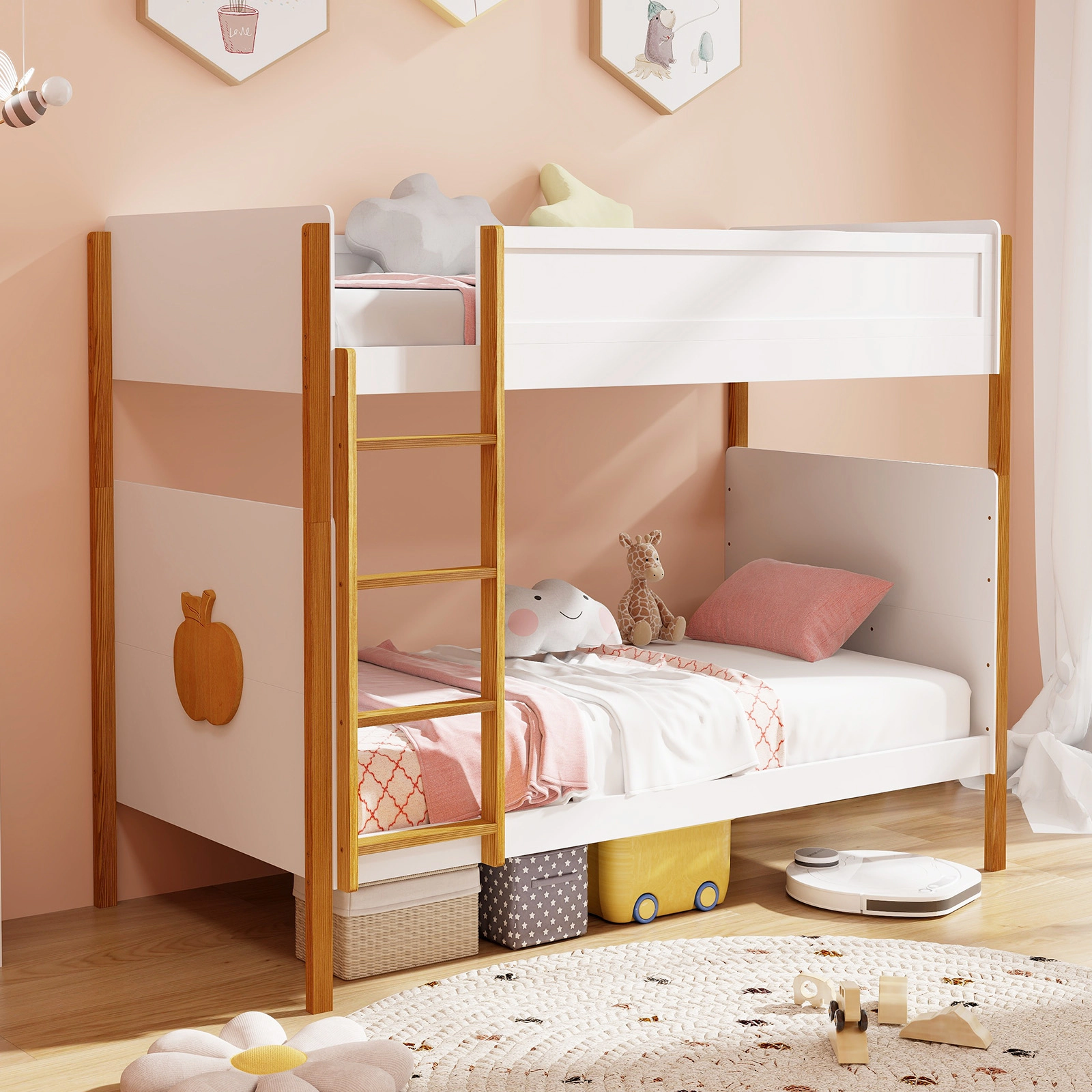 Twin Over Twin Bunk Bed for Kids with Built-In Ladder and 10.5-in Safety Guardrails 400-lb Capacity White and Honey