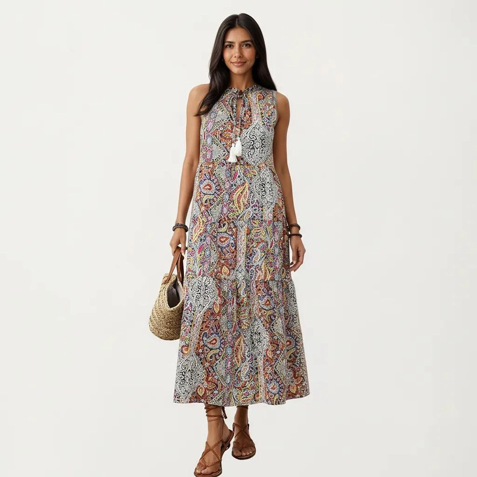 Anna-Kaci Women's Sleeveless Mixed Print Tie Neck Maxi Dress