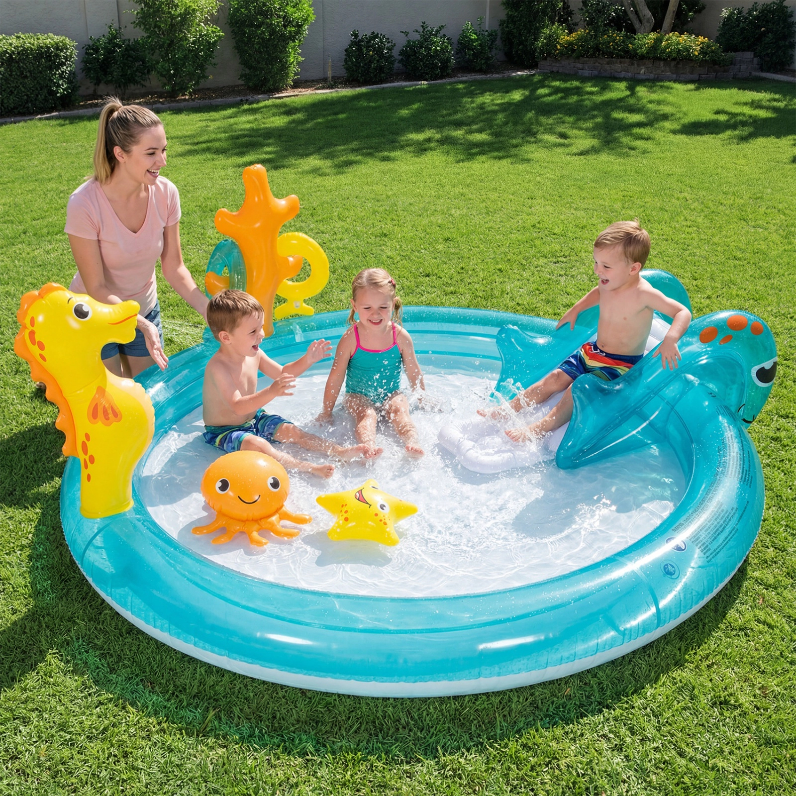 SUGIFT Inflatable Water Park Kids Spray Pool with Slide Seahorse Sprinkler and Ring Toss