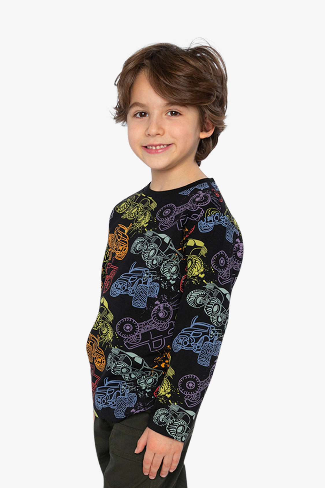 Deux par Boys Organic Cotton Long Sleeve Monster Truck Print T-Shirt