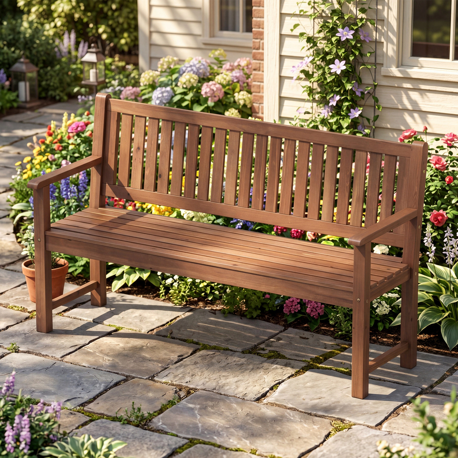 LJG 3-Seater Outdoor Wooden Bench 59 Inch Large Garden with Backrest
