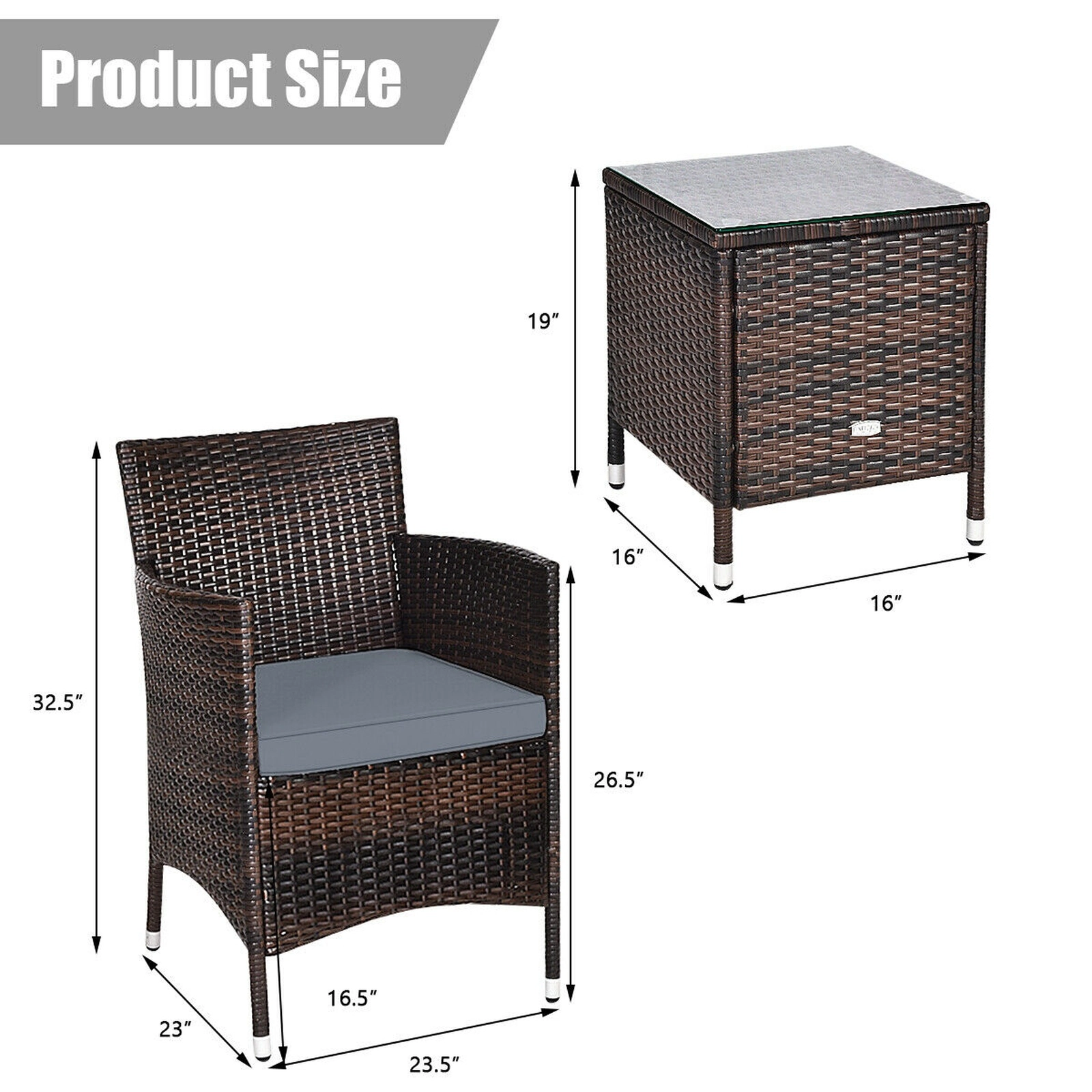 SUGIFT 3-Piece Gray Outdoor Rattan Wicker Set with Cradle-Seat Chairs and Glass Table