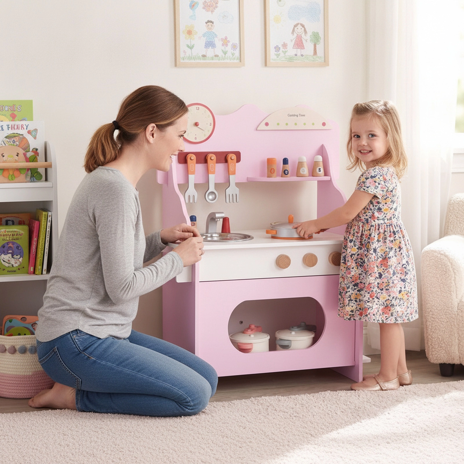 Pretend Play Toy Kitchen Set for Kids Clock Complete Accessory Kit Storage Shelves 20.5-in x 11.5-in x 28-in Pink