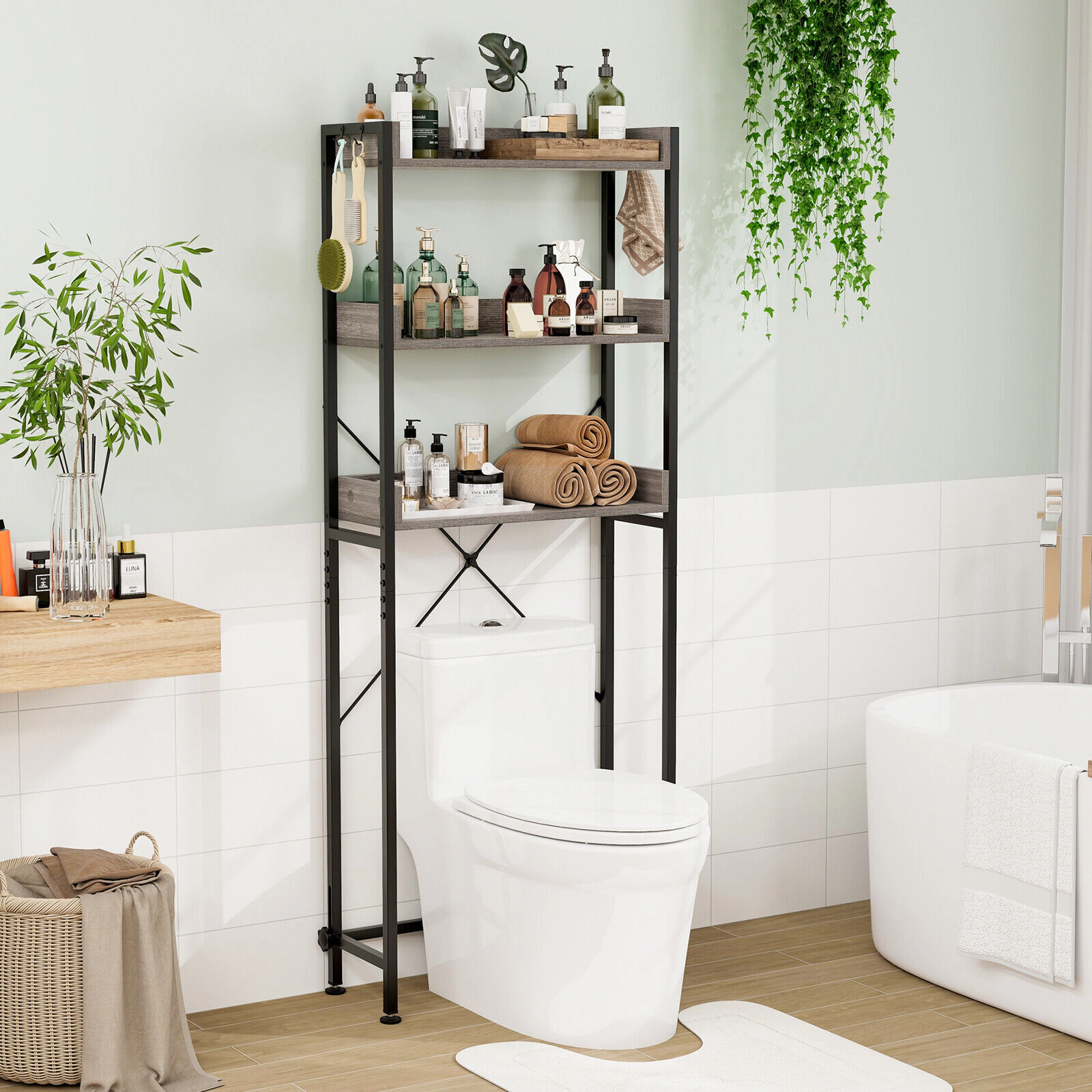 SUGIFT 64.5-in Over the Toilet Bathroom Storage Rack with 3 Open Shelves Edge Guards and 4 Side Hooks