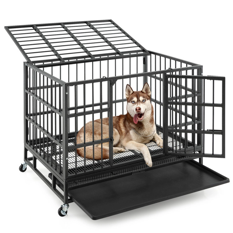 SUGIFT Black 38-in Foldable Heavy Duty Metal Dog Cage with Lockable Rolling Casters and Pull-Out Tray
