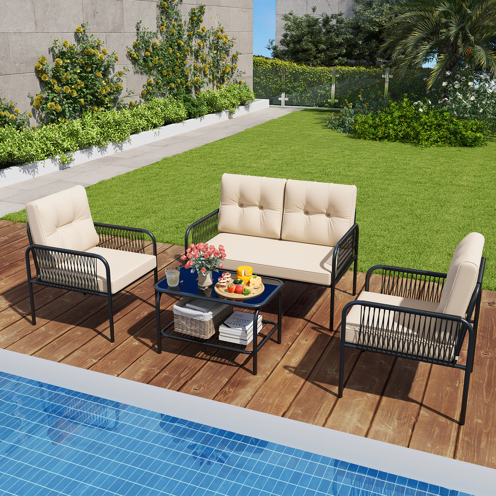 LJG 4 Pieces Patio Furniture Set PE Rattan Sofa Chairs with Loveseat