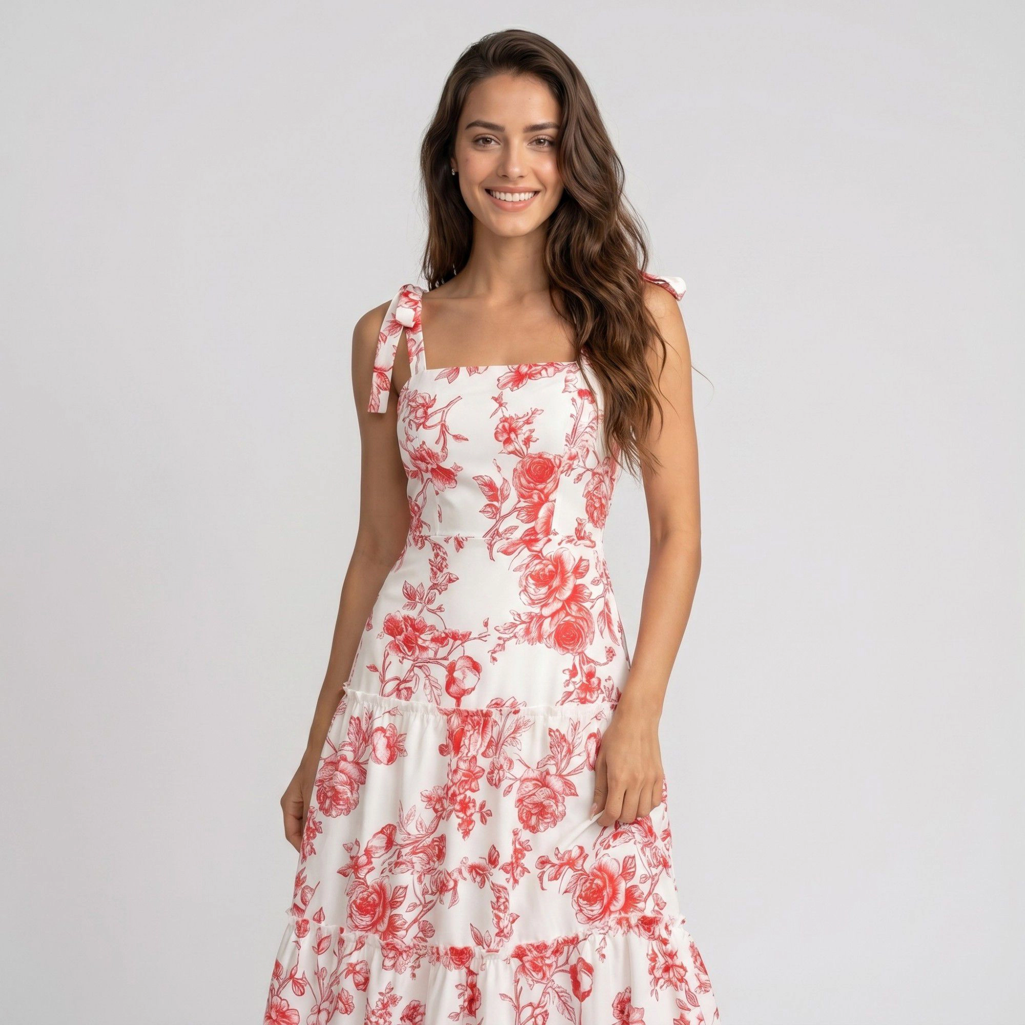 Anna-Kaci Women's Floral Print Tie Shoulder Smocked Bodice Tiered Square Neck A-Line Maxi Dress