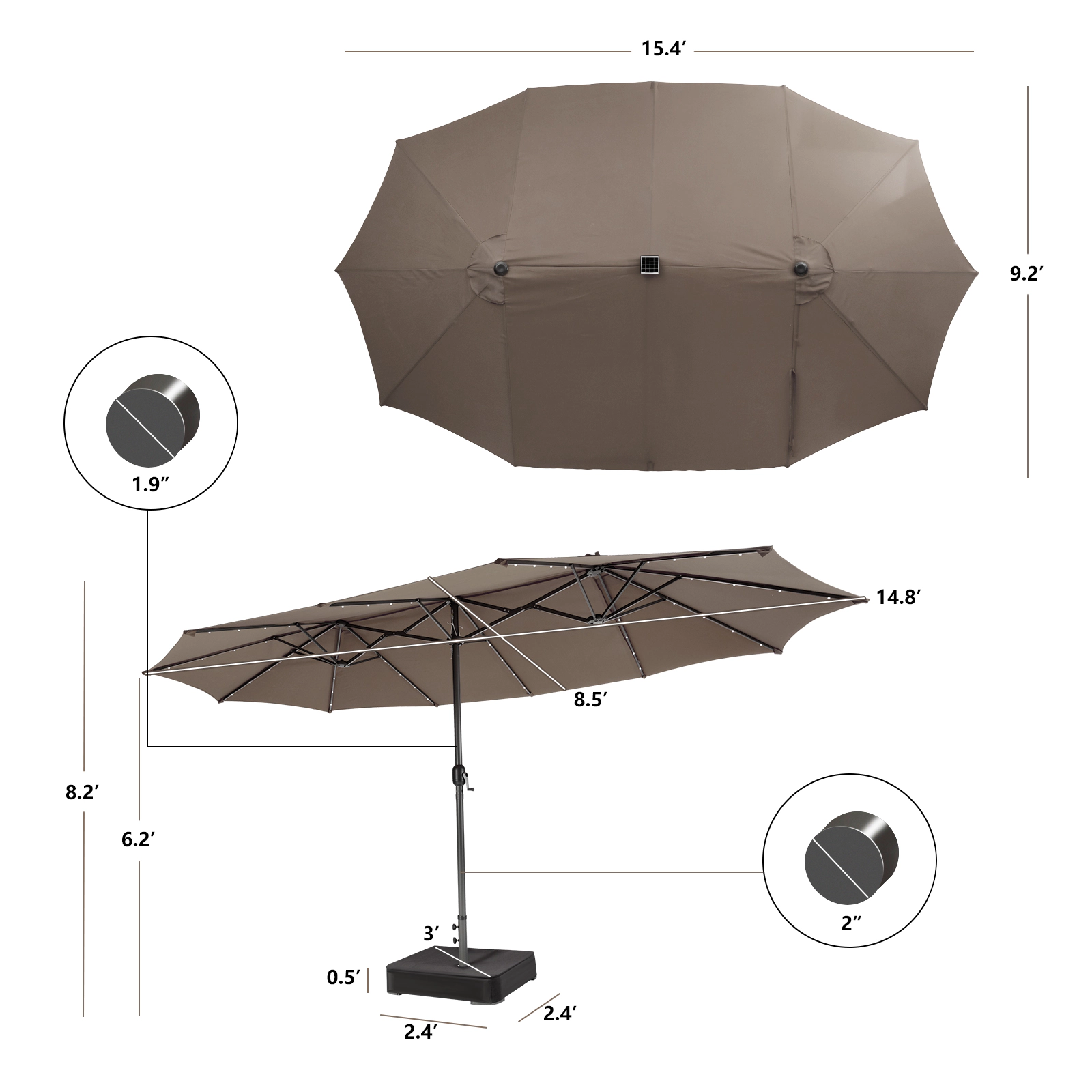 SUGIFT 15-ft Brown Rectangular Double-Sided Patio Umbrella with Solar LED Lights and Cross Base