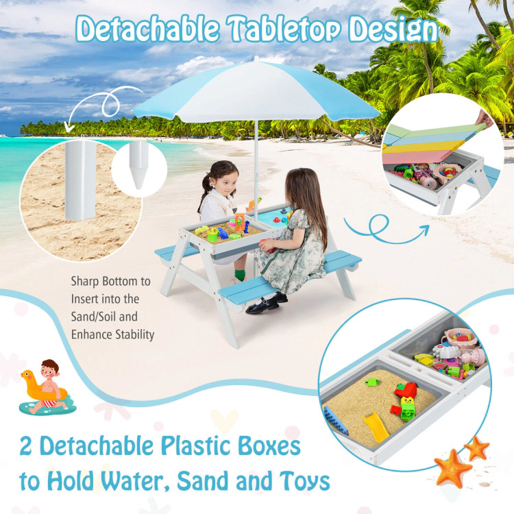 Hivvago 3-In-1 Kids Outdoor Picnic Water Sand Table With Removable Umbrella And Boxes-Coffee