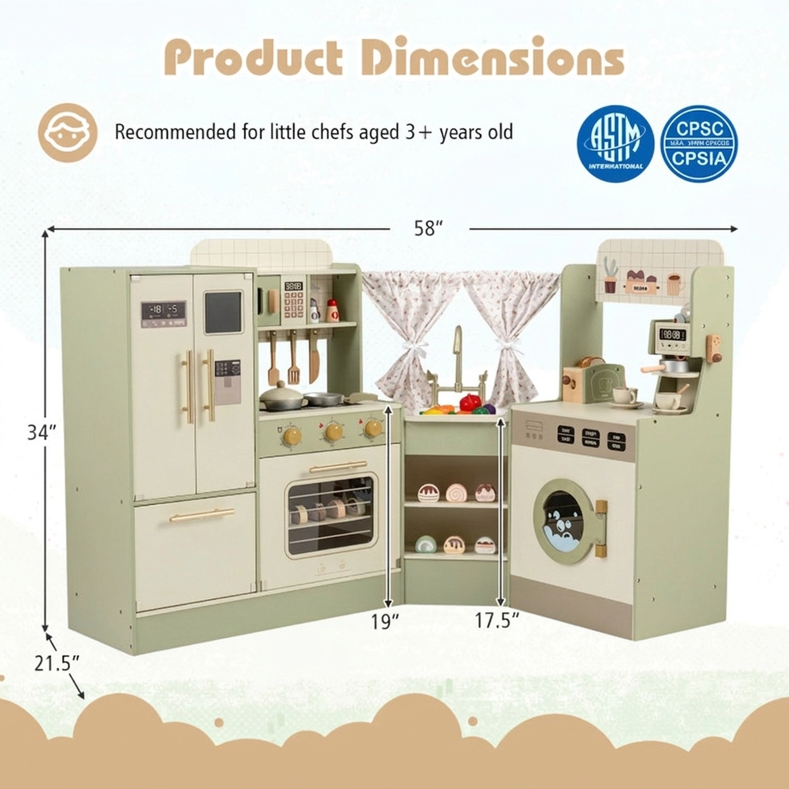 SUGIFT Green Faucet Dishwasher Coffee Machine and 21 Accessories Kids Corner Play Kitchen