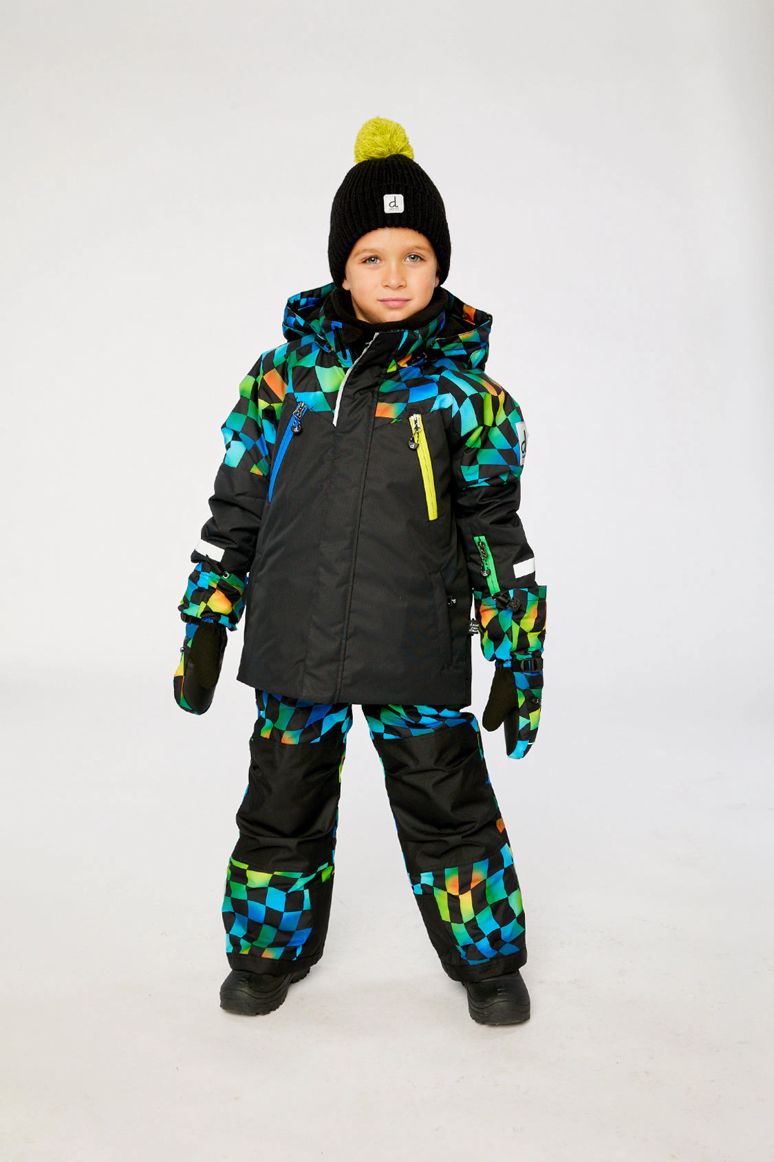 Deux par Boys Colorblock Two Piece Play Snowsuit with Hooded Jacket and Checkerboard Snow Pants